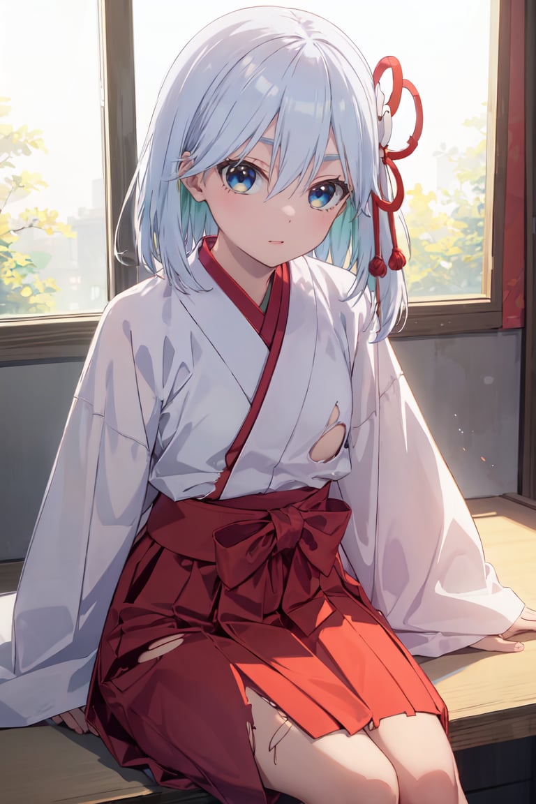 masterpiece, best quality, ultra-detailed, glistening shiny, glowing light, ray tracing, HDR, deph of field, (perfect face, detailed face), <lora:AmagamiAsahi:0.8>,  amagamiasahi, flat chest, hair ornament, miko,  red hakama skirt, (torn clothes:1.2), sitting