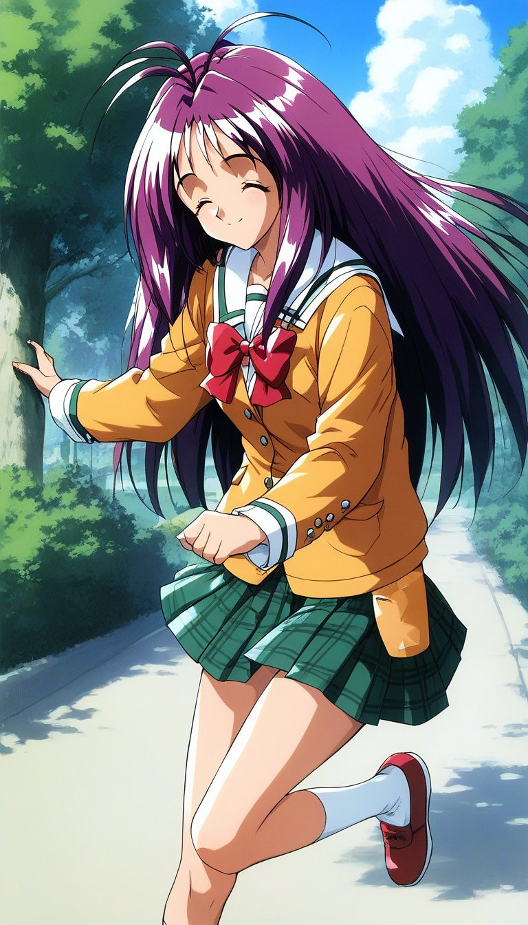 score_9, score_8_up, score_7_up, source_anime, rating_explicit, BREAK  <lora:Kotobuki_Miyuki_XL:1> Kotobuki_Miyuki, purple hair, long hair, brown eyes, antenna hair, 1girl, solo, skirt, school uniform, outdoors, bow, long sleeves, pleated skirt, red bow, closed eyes, tree, shoes, sky, day