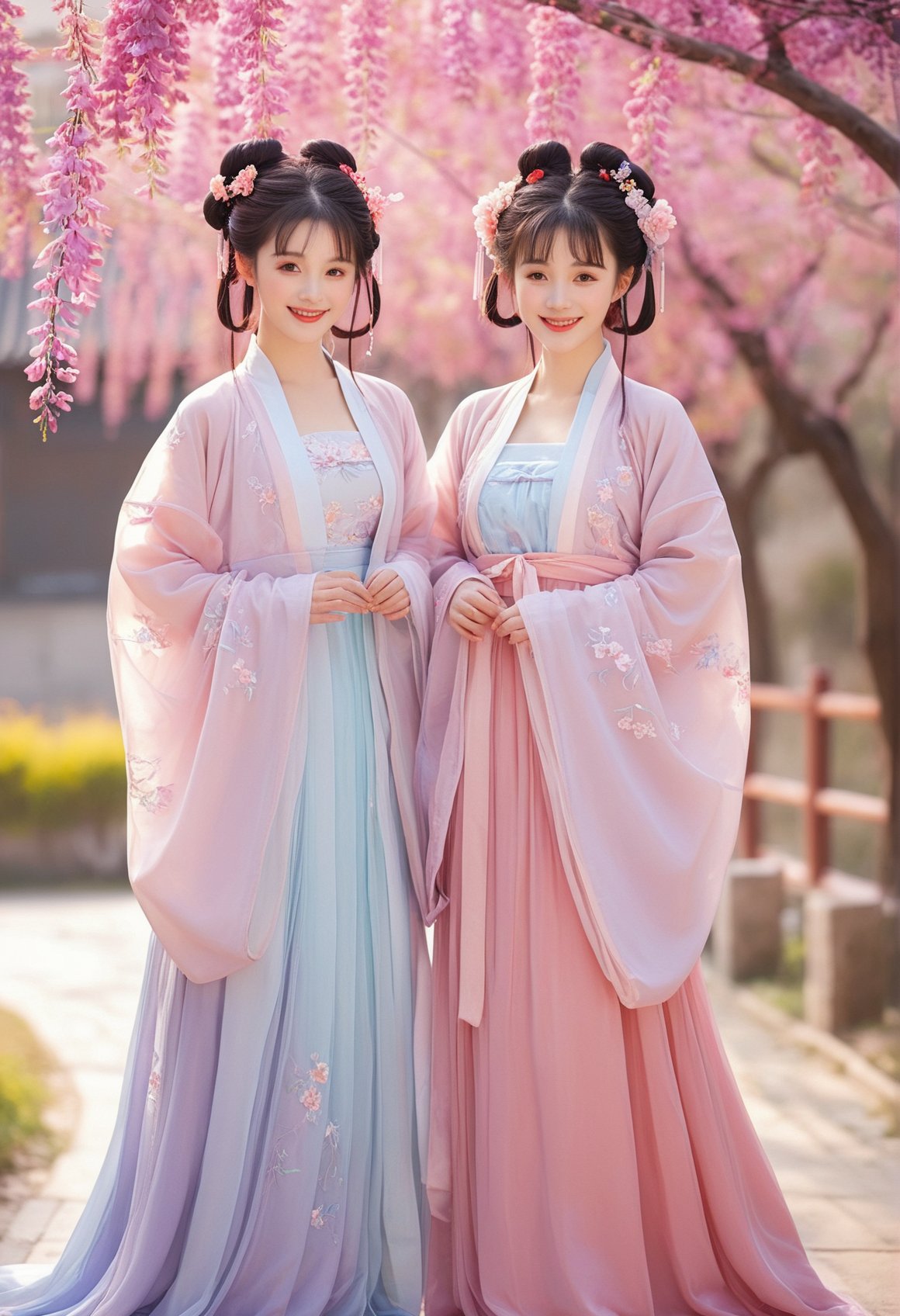 hanfu, jinghonghanfu, multiple girls, 2girls, black hair, flower, hair ornament, chinese clothes, dress, double bun, hair flower, realistic, hair bun, outdoors, standing, full body, red hair, own hands together, smile, blurry, wide sleeves, wisteria, cherry blossoms, looking at viewer, red lips, blurry background, masterpiece,best quality,high-resolution image,High quality,Superb lighting,Highly detailed,Sharp focus,8K UHD,