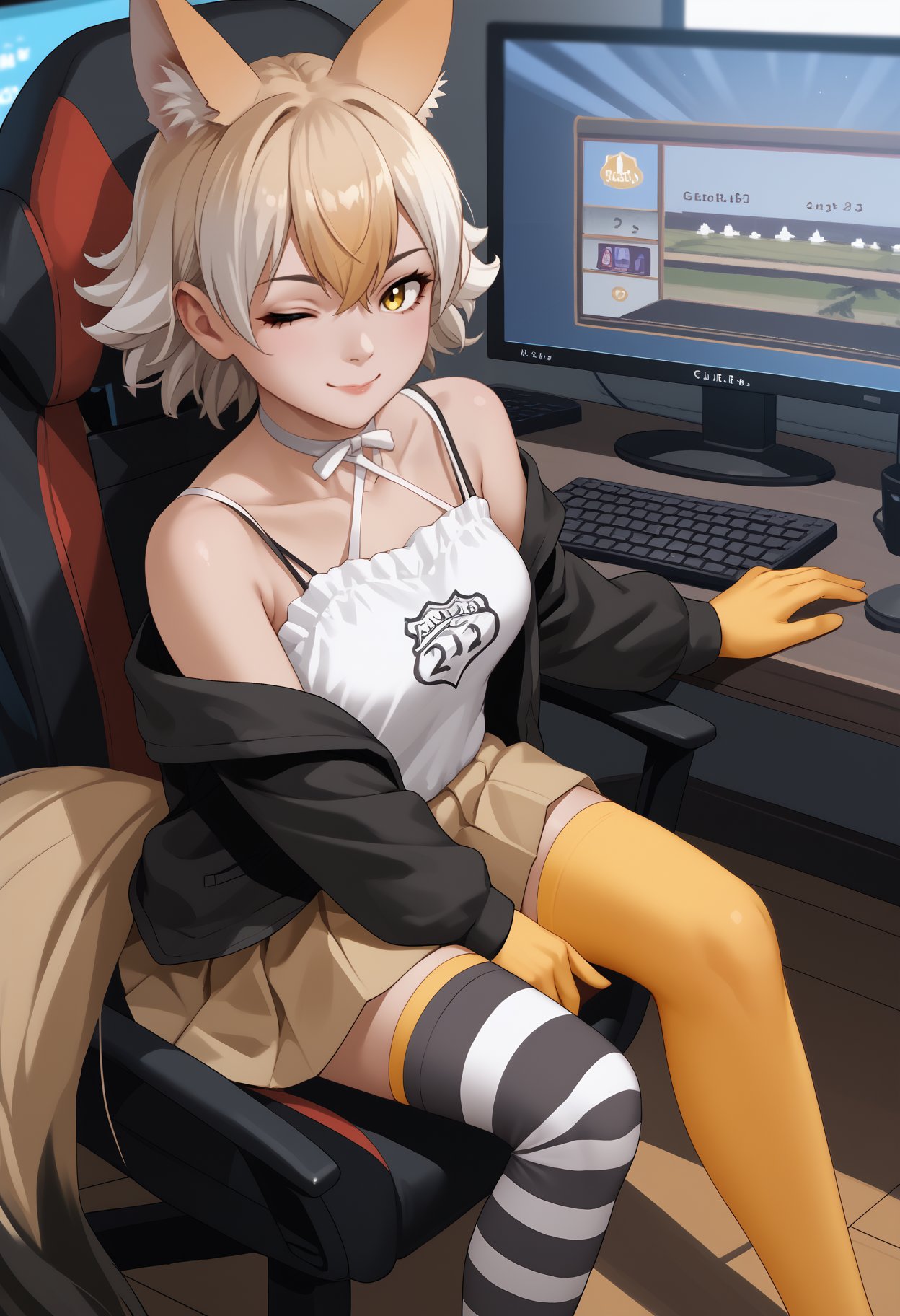 score_9, score_8_up, score_7_up, source_anime, <break> solo, 1girl, kfc0yote, wolf tail, smile, looking at you, sitting, gaming chair, animal ears, animal ear fluff, extra ears, one eye closed, black jacket, open jacket, off shoulder, long sleeves, white shirt, camisole, clothes writing, spaghetti strap, yellow gloves, brown skirt, pleated skirt, asymmetrical legwear, striped thighhighs, yellow thighhighs, white choker, bare shoulders, indoors, computer, monitor, keyboard<segment:yolo-face_yolov8m.pt,0.4,0.5//cid=1>