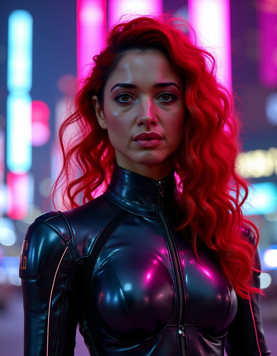 TamannaFlux,<lora:TamannaFluxV1:1.3>, a woman with fiery red hair, styled in wild curls that catch the light. Her emerald green eyes are full of determination. She wears a sleek, futuristic suit of dark metallic armor with glowing neon lines tracing its edges. Her skin is sun-kissed with subtle scars across her face, hinting at past battles. Behind her, a cyberpunk cityscape glows in neon pink and blue lights, towering skyscrapers rising into the night sky. The atmosphere is bold, energetic, and slightly chaotic, with bright lights reflecting off her armor. TamannaFlux,<lora:TamannaFluxV1:1.3>, portrait of woman in a saree.