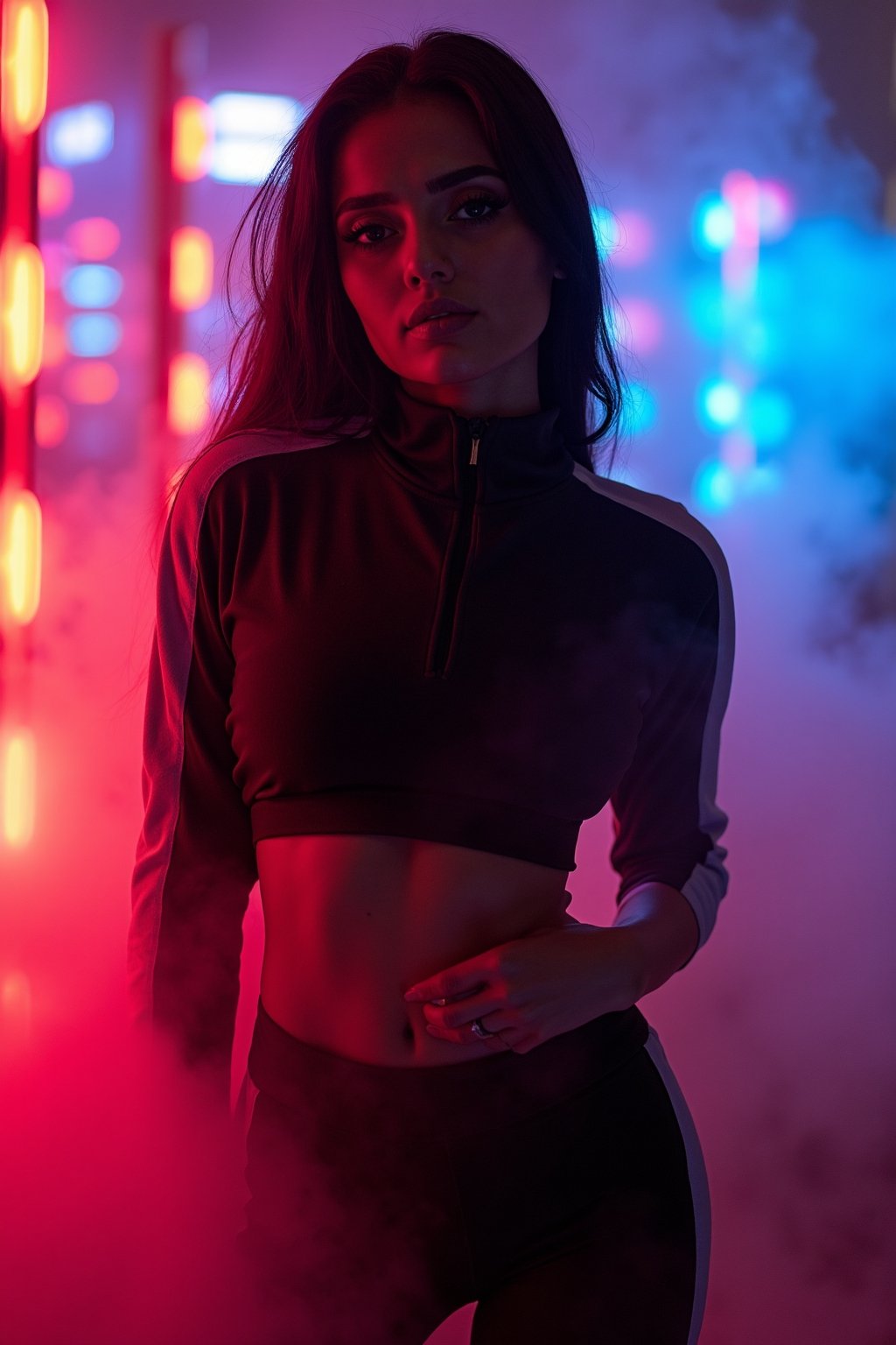 hourglass body shape, a realistic photo of a woman wearing black tracksuit posing seductively, colorful leds in the background, fog, smoke, black hair <lora:hourglassv2_flux:1>