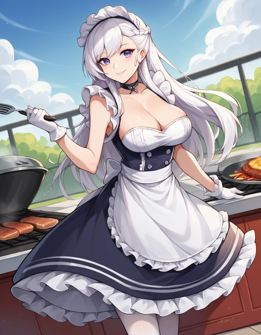 score_9, score_8_up, score_7_up, source_anime, <lora:azur-lane-belfast-ponyxl-lora-nochekaiser:1>, belfast, belfast (azur lane), braid, french braid, large breasts, long hair, sidelocks, white hair, purple eyes,, apron, bare shoulders, black choker, black dress, buttons, choker, cleavage, frilled apron, frilled dress, frills, gloves, lace, lace-trimmed apron, lace trim, maid, maid apron, maid headdress, pantyhose, white apron, white gloves, white pantyhose, backyard, barbecue, grilling, laughter, summer evening, smile, , smile, solo,, cowboy shot, dutch angle,