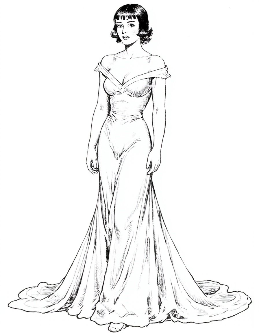 a monochrome illustration by Hal Foster of a beautiful woman wearing a gown <lora:hal-foster:1>