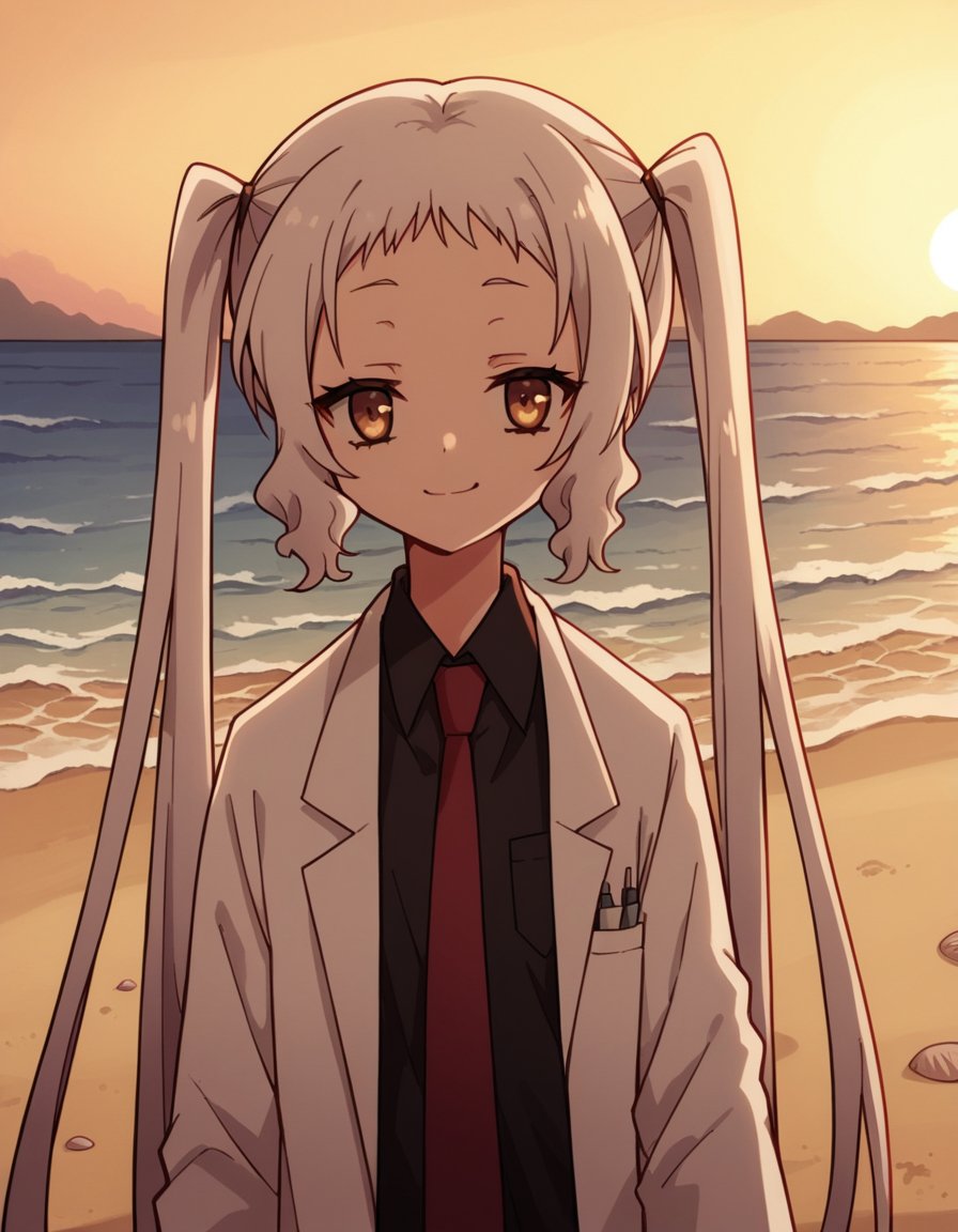 score_9, score_8_up, score_7_up, source_anime, <lora:korewazombie-ariel-s2-ponyxl-lora-nochekaiser:1>, ariel, long hair, twintails, brown eyes, white hair,, necktie, red necktie, labcoat, white labcoat, shirt, black shirt, collared shirt,, beach, sunset, walking along shore, footprints in sand, waves, peaceful, , , smug, solo,, cowboy shot, dutch angle