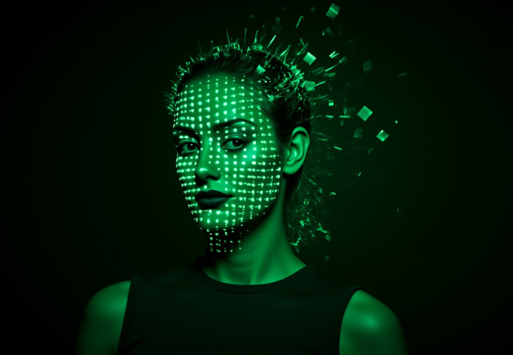 "A green explosion of squares, geometric patterns and sharp lines that form the portrait of a woman, visually striking and dynamic, dark background, sharp focus, crisp quality, HD, DOF, 4k, intricate detail, dynamic composition, beautiful lighting"