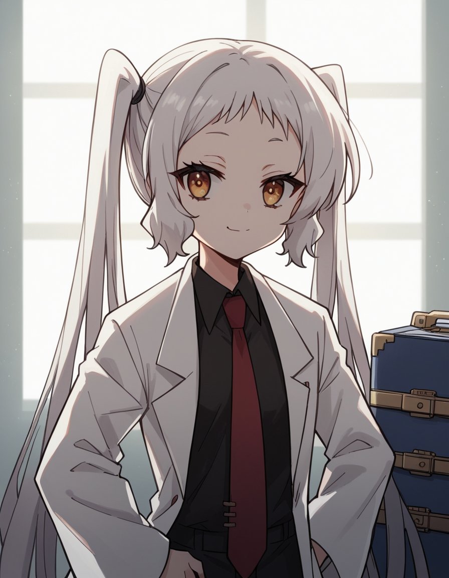 score_9, score_8_up, score_7_up, source_anime, <lora:korewazombie-ariel-s2-ponyxl-lora-nochekaiser:1>, ariel, long hair, twintails, brown eyes, white hair,, necktie, red necktie, labcoat, white labcoat, shirt, black shirt, collared shirt,, airport, waiting area, suitcase, flight delayed, passengers, reading book, , looking at viewer, smug, hands on hips,, solo,, cowboy shot, dutch angle