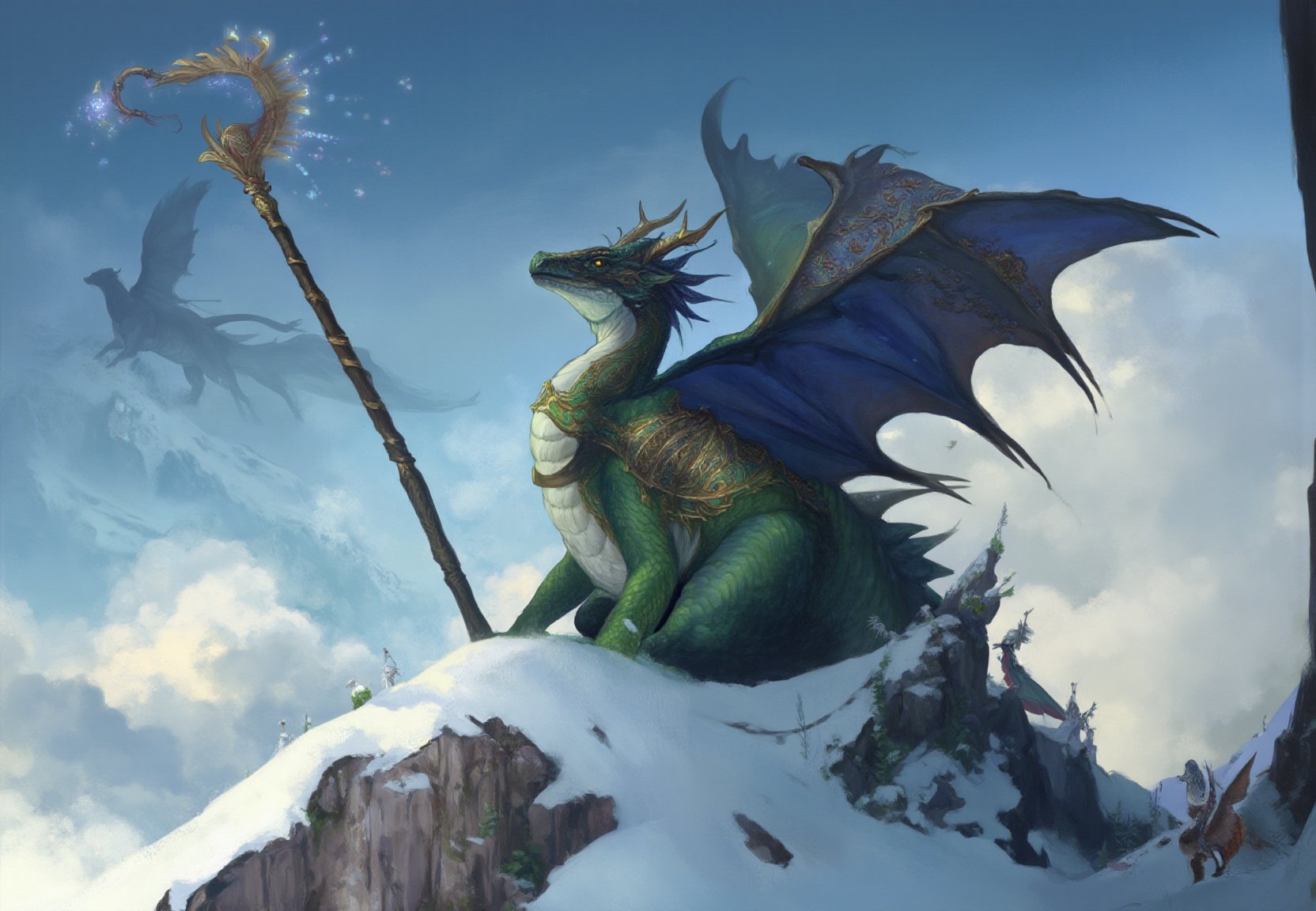 high definition, extremely detailed, masterpiece, photo realistic, In a realm where magic weaves through the air like whispers, a 19-year-old girl named thomasinara stands atop the snowy mountain peak, With her enchanted staff, she conjures spells that shimmer with ethereal light. Perched on her shoulder is her loyal companion, a child dragon named Drogon, whose scales glisten like emeralds. Together, they navigate the mystical landscapes, their bond unbreakable.  In this fantastical world, she is both warrior and protector, a symbol of courage and magic intertwined.polishswordsman