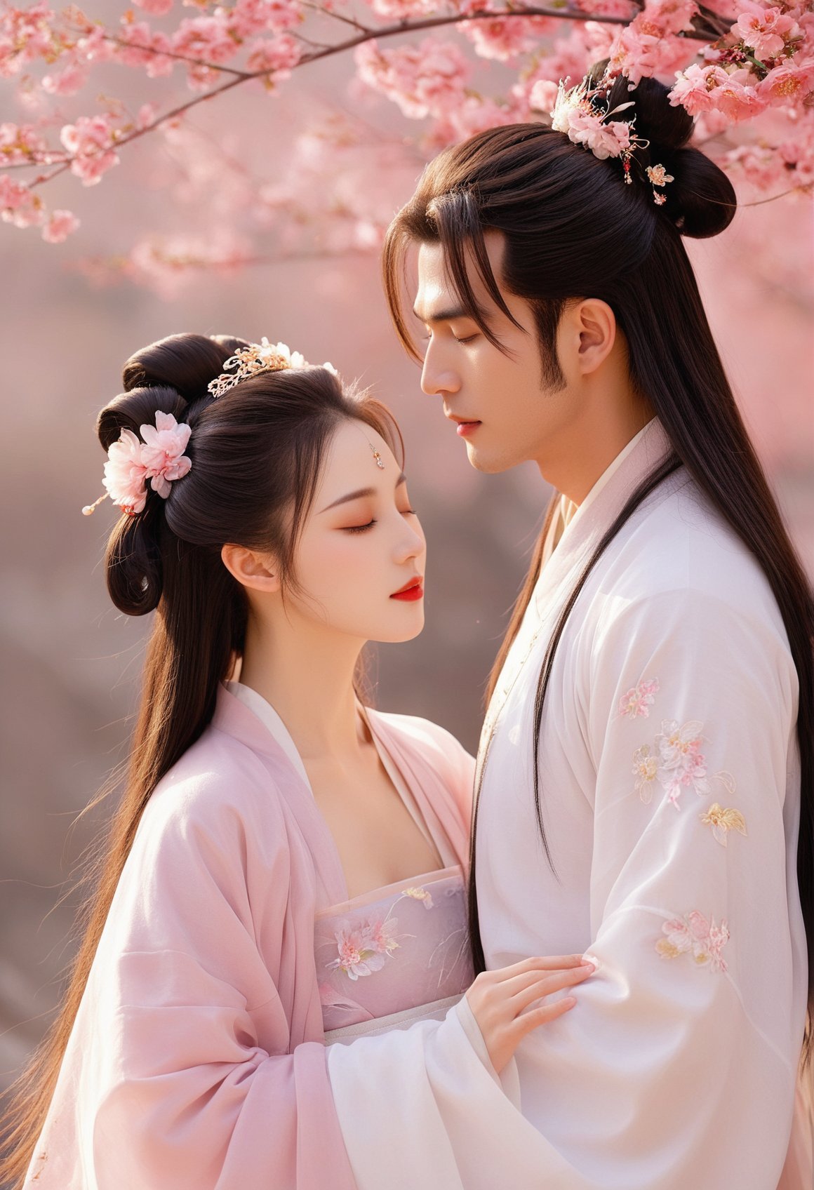 hanfu, jinghonghanfu, hair ornament, realistic, black hair, 1boy, flower, 1girl, long hair, hair flower, chinese clothes, makeup, forehead mark, closed eyes, hetero, looking at another, hair bun, branch, upper body, profile, wide sleeves, facial mark, long sleeves, tiara, red lips, closed mouth, eyeshadow, brown hair, cherry blossoms, single hair bun, couple, lips, face-to-face, masterpiece,best quality,high-resolution image,High quality,Superb lighting,Highly detailed,Sharp focus,8K UHD,