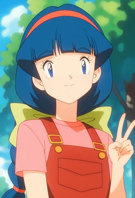 score_9, score_8_up, score_7_up, score_6_up, <lora:PMMelanie:0.9>, PMMelanie, aged up, blue eyes, blue hair, braided ponytail, blunt bangs, red hairband, green bow,short sleeves, shirt, red overalls, pink shirt, yellow footwear,standing, looking at viewer, upper body, smile, v sign,BREAK blue sky, nature, sunlight, day,