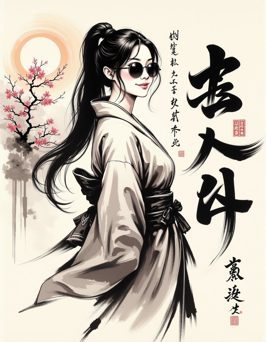 <lora:calligraphy_ink:1> monochrome Chinese text and smudged and faded ink brush style, a cowboy shot woman wearing a kimono with a long pony tail and sunglasses looking at viewer with a smile in a faded smudged brush strokes calligraphy ink style, with a rising sun and sakura trees and Chinese text in background