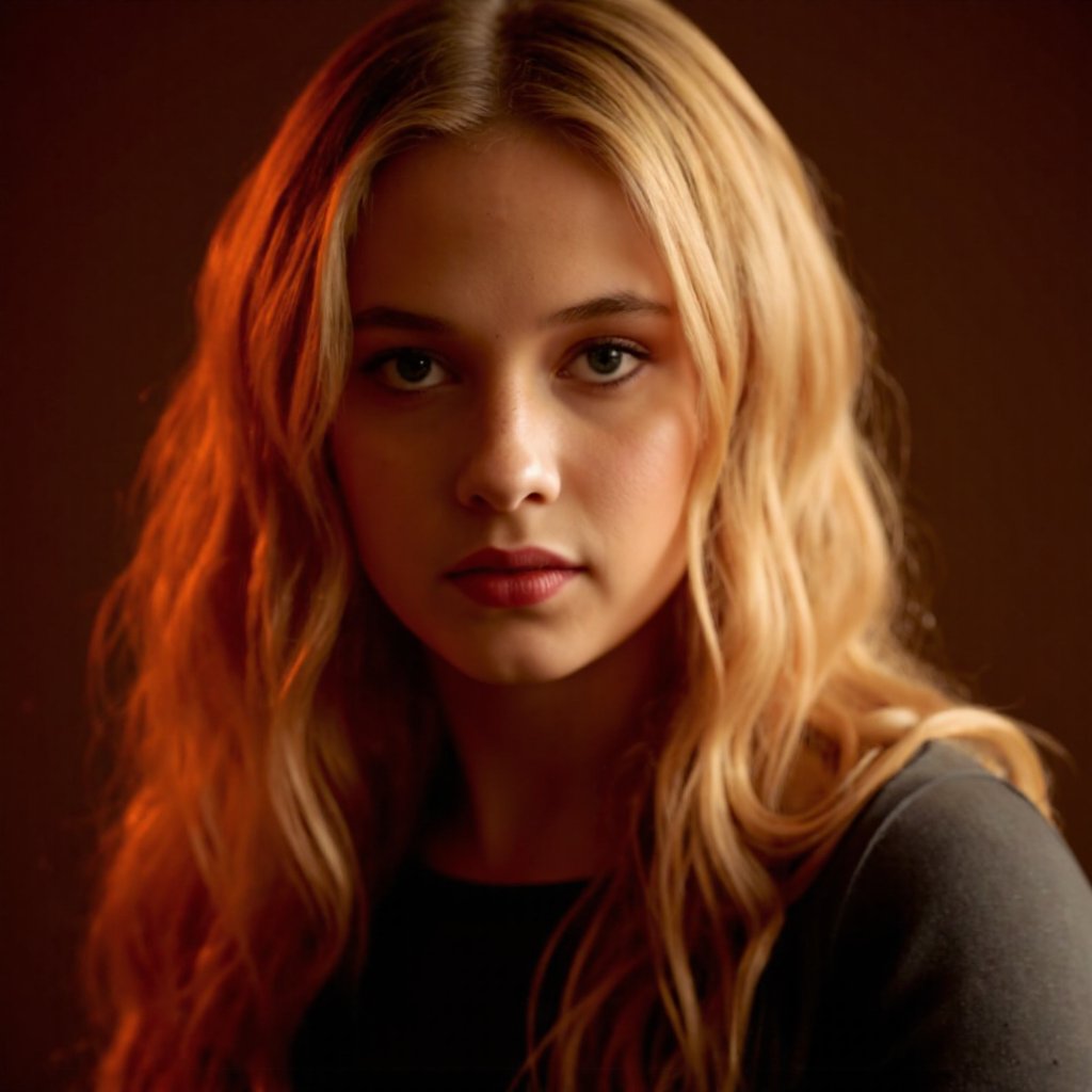 A portrait of cailee_spaeny with long, wavy blonde hair illuminated by a warm, golden light. The woman's gaze is direct and intense, and her expression is calm. She wears a dark top, and the background is a gradient of deep reds and oranges, creating a dramatic and moody atmosphere. The image style is dramatic and evocative, emphasizing the interplay of light and shadow.