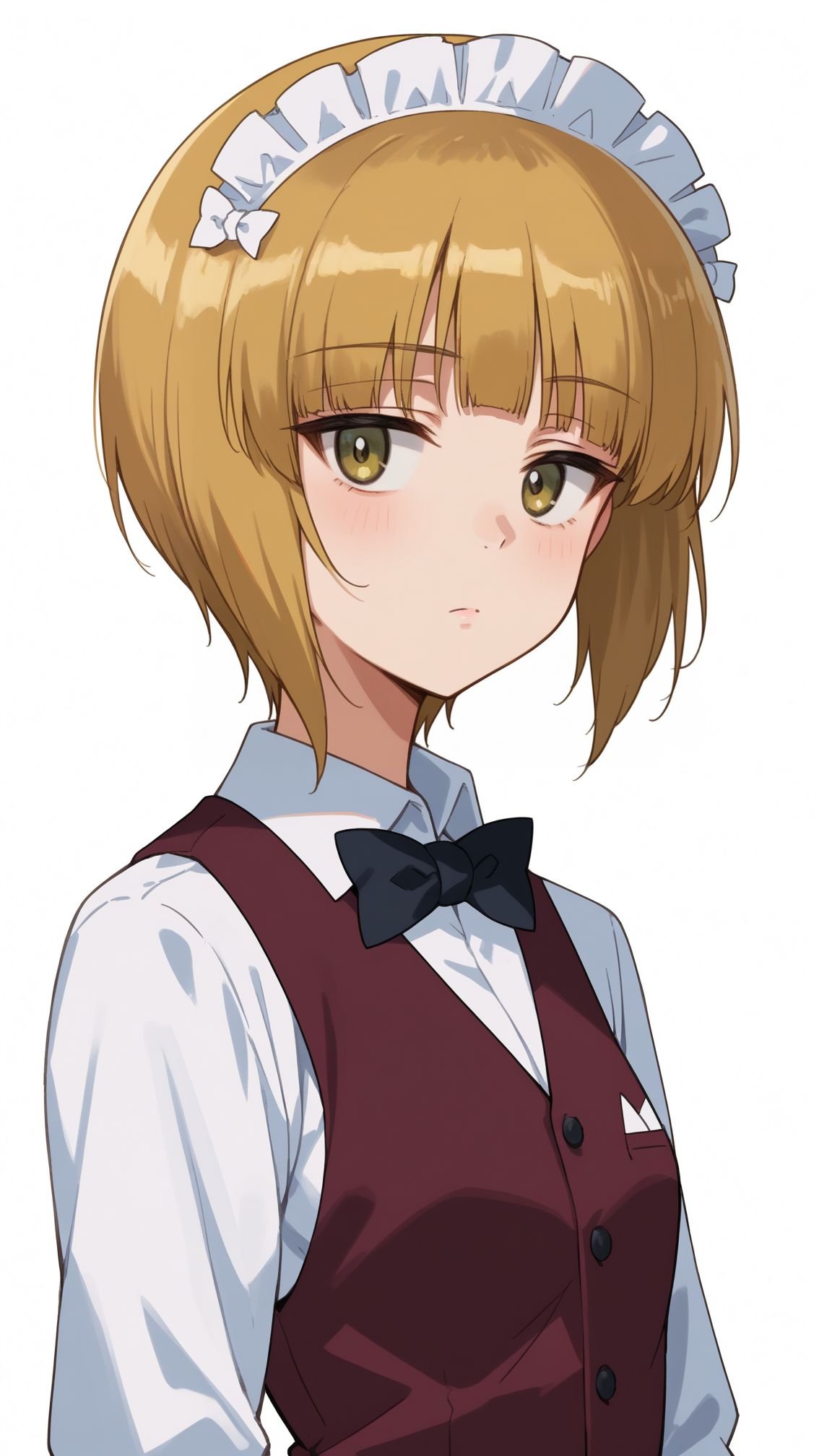 score_9, score_8_up, score_7_up, source_anime,  <lora:Cutlass (Azur lane):1>Cutlass _Girls_und_panzer, 1girl, blonde hair, maid headdress, yellow eyes, short hair, white background, brown vest, long sleeves, simple background, white shirt, looking at viewer, bartender, dress shirt, black bow, upper body, school uniform, black bowtie, wing collar, blunt bangs, standing