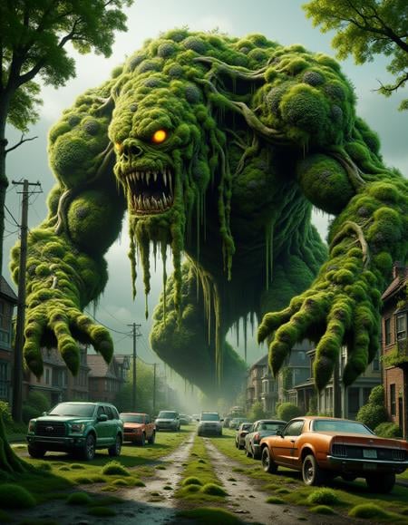 A massive, root-based creature with thick, twisting limbs and glowing eyes emerges from the ground, its tendrils wreaking havoc in a small, overgrown town. Ral-ovrgrwth’s tangled, goofy form looks both threatening and clumsy as it tries to drag itself forward, uprooting trees and cars. The poster is a blend of earthy browns and glowing greens, with the tagline: “When the roots strike back!”<lora:ral-ovrgrwth-flux:1>