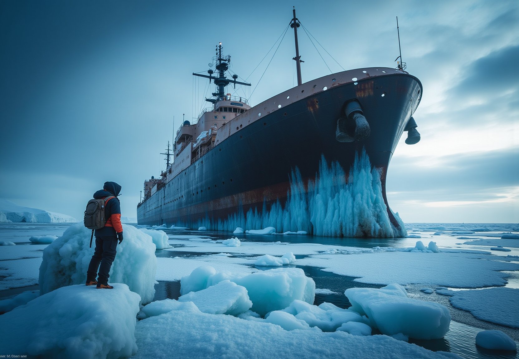 escimo gazes up at a colossal icebreaker ship that is captured in ice. The scene unfolds with meticulous attention to detail: the imposing size of the ship looming. This mesmerizing photograph radiates with vivid colors and sharp contrast. the atmosphere is depressing with no hope for rescue. The high resolution of the image accentuates every intricate element, from the intricate ice to rust on the ice breaker ship. the escimo is staring at the desolated ship. Wide range of colors., Dramatic,Dynamic,Cinematic,Sharp details Insane quality. Insane resolution. Insane details. Masterpiece. 32k resolution.