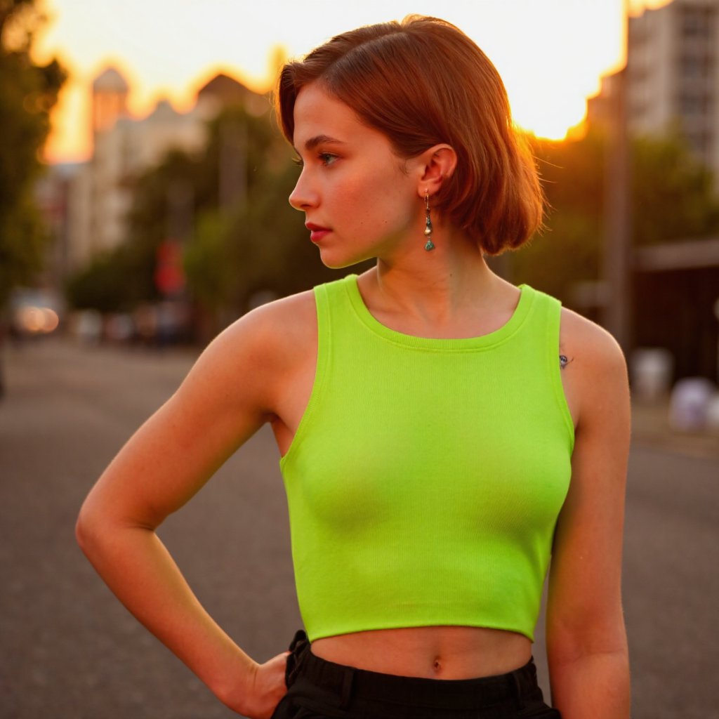 A portrait of cailee_spaeny captured in a side profile. She wears a lime green tank top and black shorts with a red waistband. Her hair is pulled back into a bun, and she wears large, dangling earrings. The setting sun casts a warm, golden light over the scene, creating a serene atmosphere. The background is out of focus, highlighting the woman as the main subject. The image conveys a contemplative and introspective mood, with the woman appearing lost in thought.