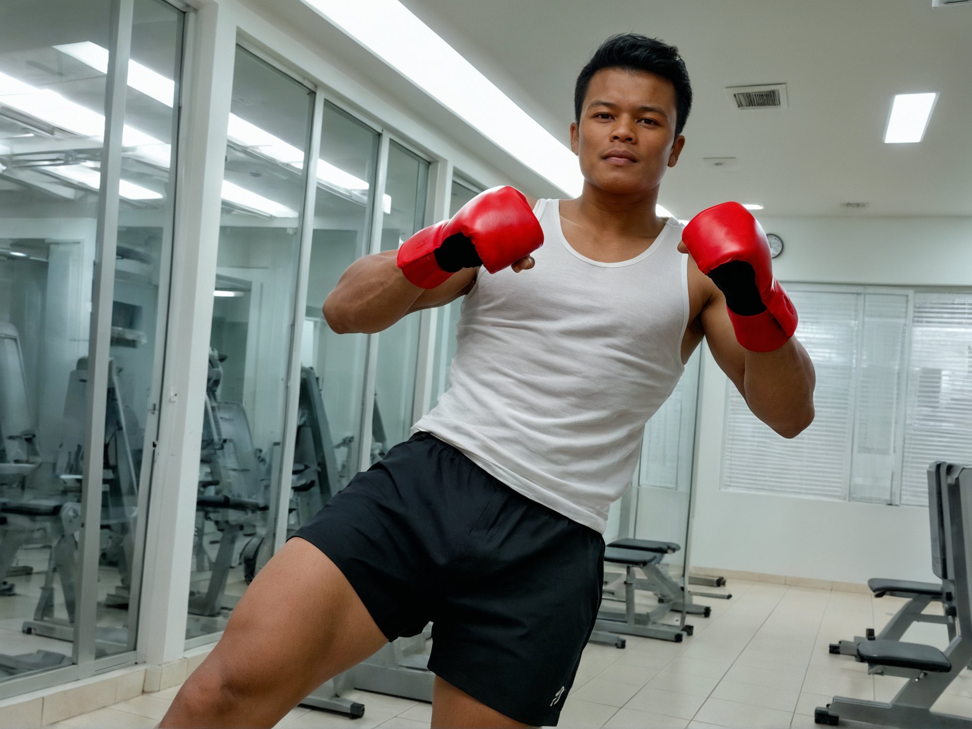 anatomically correct, solo, peemaipor, muscular, large pectorals, white tank top, black shorts, red fingerless gloves, fighting stance, studio lighting, in the dimly lit room,zPDXL3, <lora:PeemaiporkobkXL-B1ALM:1> <lora:add-detail-xl:0.8>