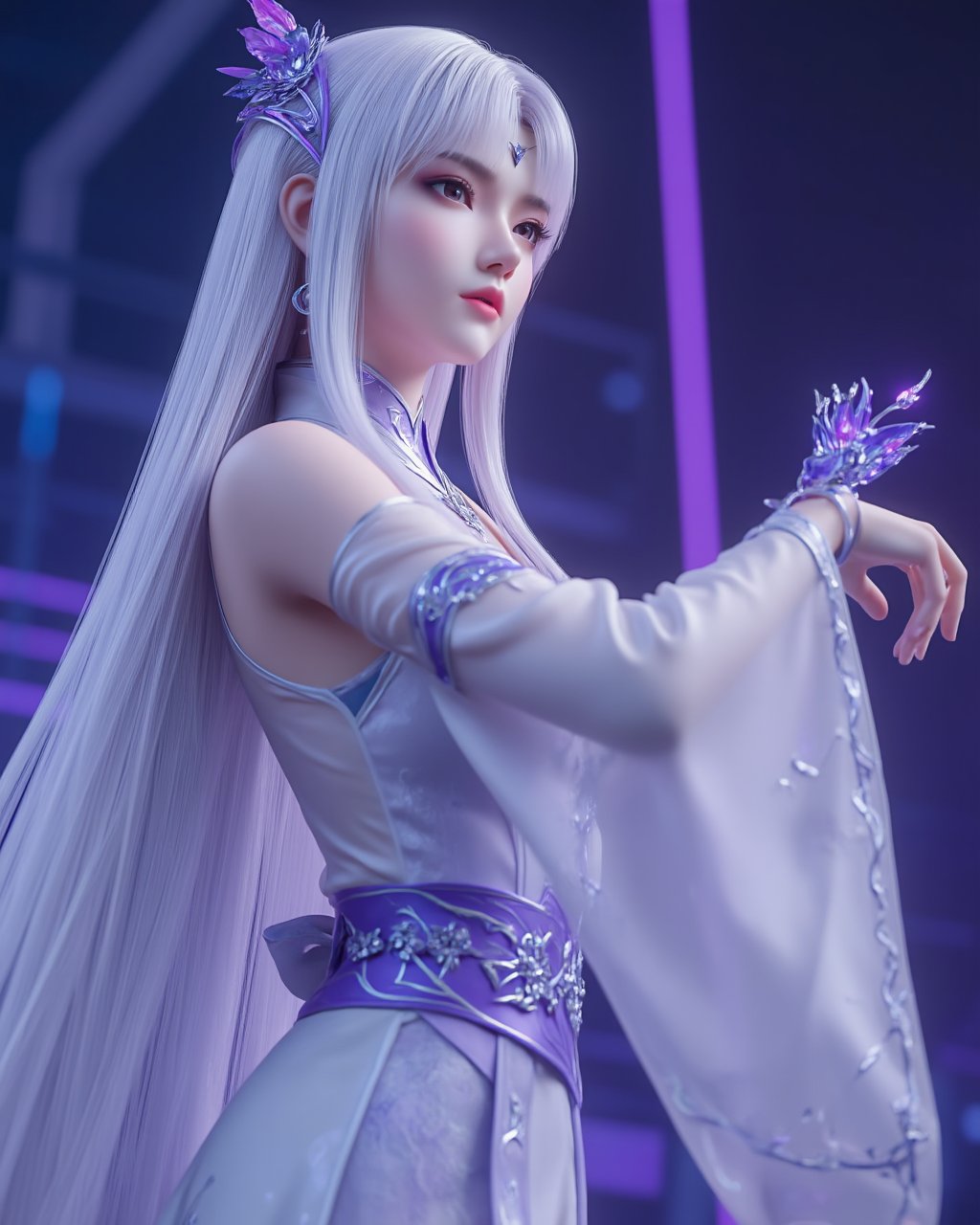 1girl,white hair,Fairy Taiwanese girl, very long silver-blue hair, looking down from the stage, futuristic, classical Tang suit, heroic momentum, shiny, delicate frame, angelic appearance, perfect figure, purple-blue light, low angle, (holding delicate fan in right hand, looking high ahead: 1.2) looking up pose, hkwarrior, surreal and detailed<lora:小医仙1.0:0.8>