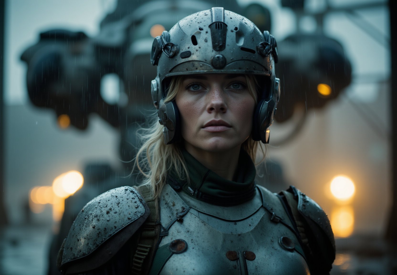 cinematic film still portrait of a solo female mech pilot standing in front of her (large combat mech:1.3), scifi armor, military base, heavy rain, full scifi helmet, visor, detailed eyes, dry skin, skin fuzz, visible skin hair, skin blemishes,, shallow depth of field, vignette, highly detailed, high budget Hollywood film, bokeh, cinemascope, moody, epic, gorgeous, film grain ,caldariflux