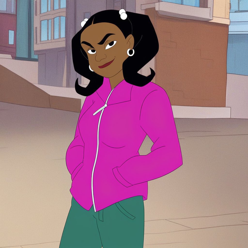 score_9, solo, sharon_hawkins, dark-skinned female, black hair, earrings, twintails, hair bobbles, hands in pockets, looking at viewer, smirk, city background