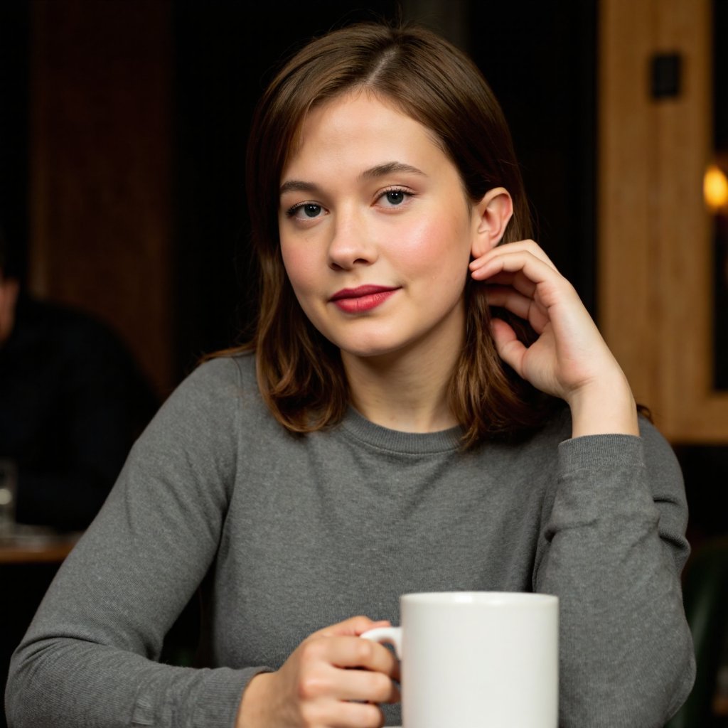 A portrait of cailee_spaeny seated at a table in a cafe. She wears a gray turtleneck sweater and has her right hand resting on her ear. The woman has a neutral expression and wears red lipstick. A white mug sits on the table in front of her. The background is blurred, but it appears to be an indoor cafe with warm lighting. The image style is candid and relaxed, capturing a moment of quiet reflection.