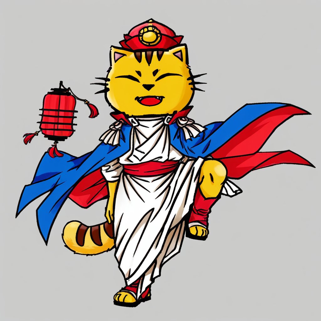 cat, white robe, male focus, standing on one leg, toeless footwear, blue cape, red headwear, shirt, paper lantern, animal focus, simple background