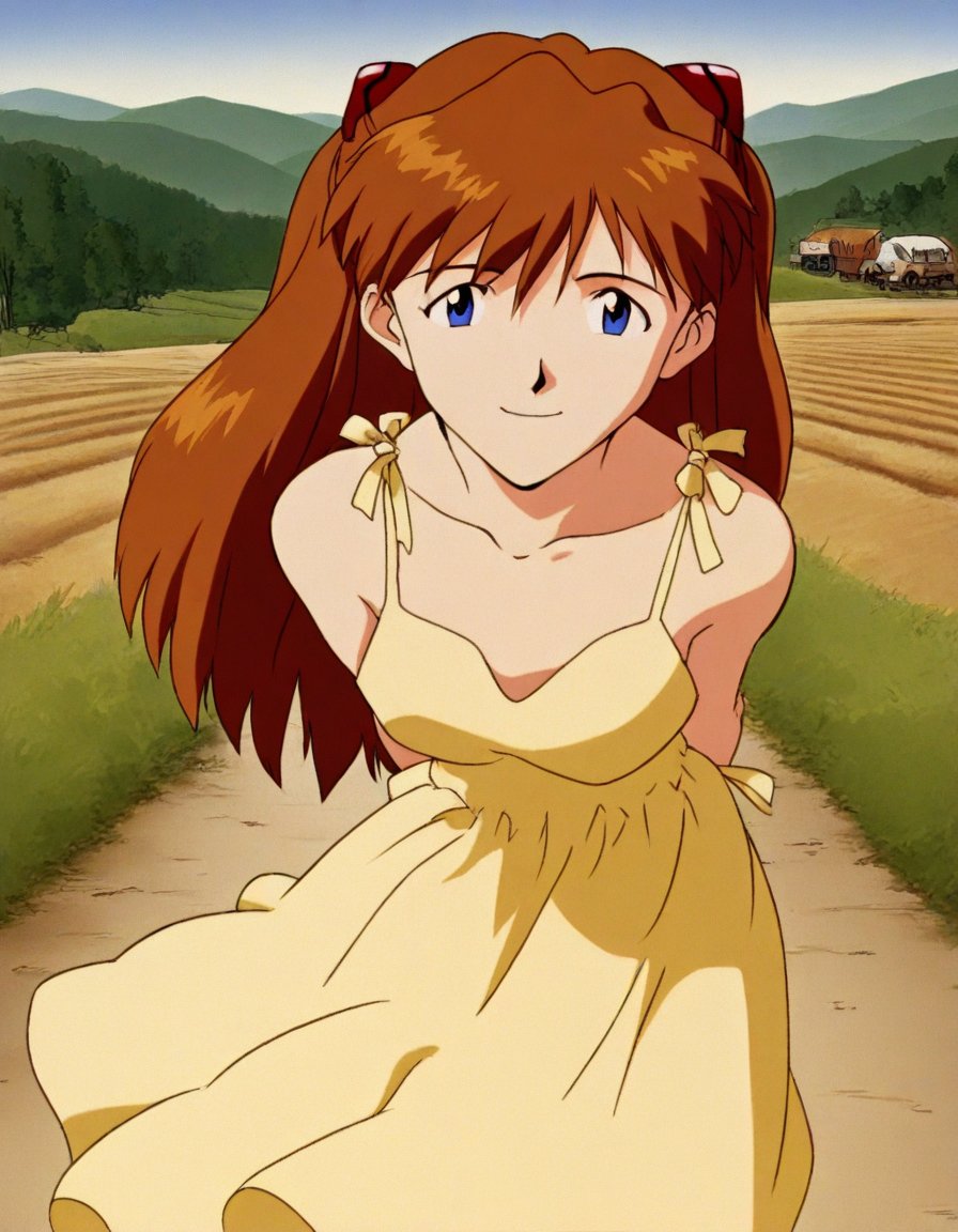 , <lora:asuka-langley-soryuu-classic-illustrious-lora-nochekaiser:1>, asuka langley soryu, long hair, bangs, blue eyes, brown hair, hair ornament,, dress, yellow dress, sundress, collarbone, bare shoulders,, bike ride, countryside, dirt road, trees, afternoon sun, peaceful, alone, smile, , hands behind back, bent over,, solo,, cowboy shot, dutch angle