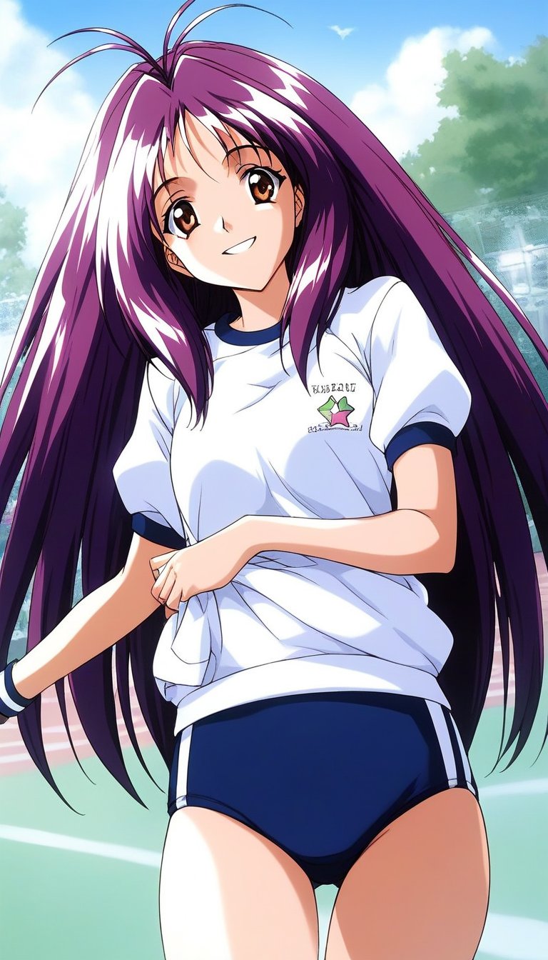 score_9, score_8_up, score_7_up, source_anime, rating_explicit, BREAK  <lora:Kotobuki_Miyuki_XL:1> Kotobuki_Miyuki, purple hair, long hair, brown eyes, antenna hair, smile,gym uniform,white shirt, dark blue buruma,outdoor, sky, 