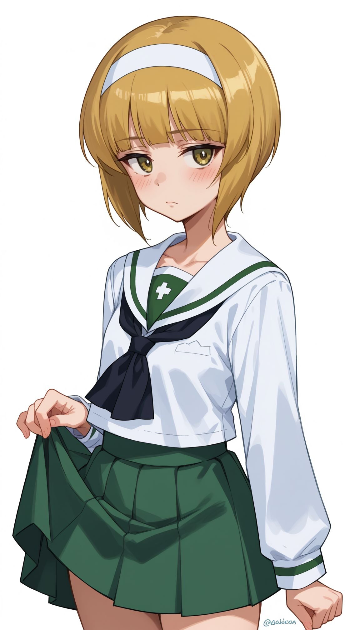 score_9, score_8_up, score_7_up, source_anime, Cutlass _Girls_und_panzer, 1girl, ooarai school uniform, pleated skirt, blonde hair, white background, green skirt, short hair, standing, white hairband, long sleeves, white shirt, serafuku, closed mouth, looking at viewer, simple background, miniskirt, blouse, blunt bangs, twitter username, yellow eyes, skirt hold, one-hour drawing challenge, black neckerchief, blush, light frown, dated, reizei mako, alternate costume, white sailor collar, bob cut, cowboy shot <lora:Cutlass:1>