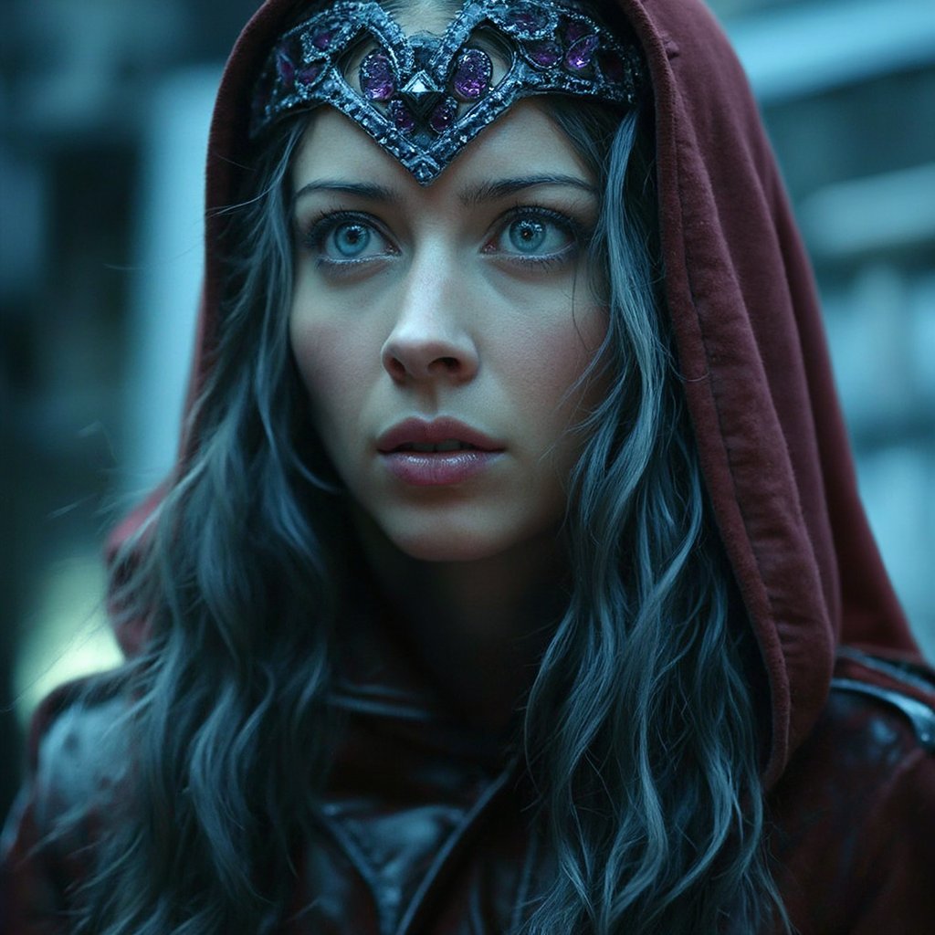 aackr, cinematic, dramatic lighting,  full body shot, a beautiful woman, darkish blue hair with small purple and violet pearls on the hair and forehead, frozen icy blue eyes, icy effect on eyes, ancient goddess wearing a dark red leather suit, with big shoulderpads, a red cloak,  purple and blue  icy headdress, in a abandoned space frozen station, ultra detailed, ultra realistic, ultra detailed colors, 8k, real photography  <lora:amy-acker:1.3>