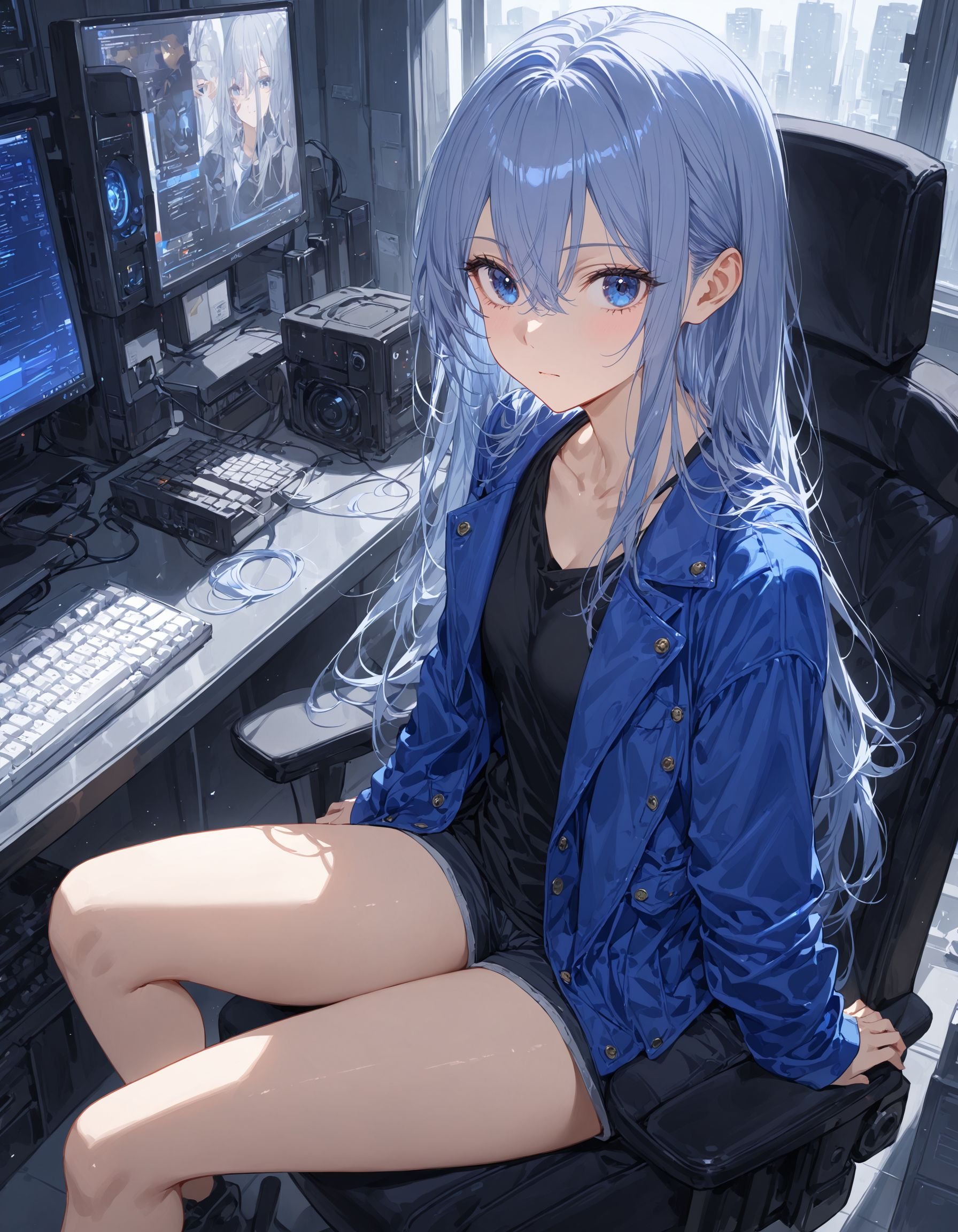 1girl, solo, long hair, looking at viewer, blue eyes, shirt, long sleeves, hair between eyes, sitting, very long hair, blue hair, collarbone, jacket, grey hair, shorts, indoors, black shirt, short shorts, chair, expressionless, blue jacket, computer, monitor, keyboard \(computer\), masterpiece, ultra-detailed, best quality ,intricate details,