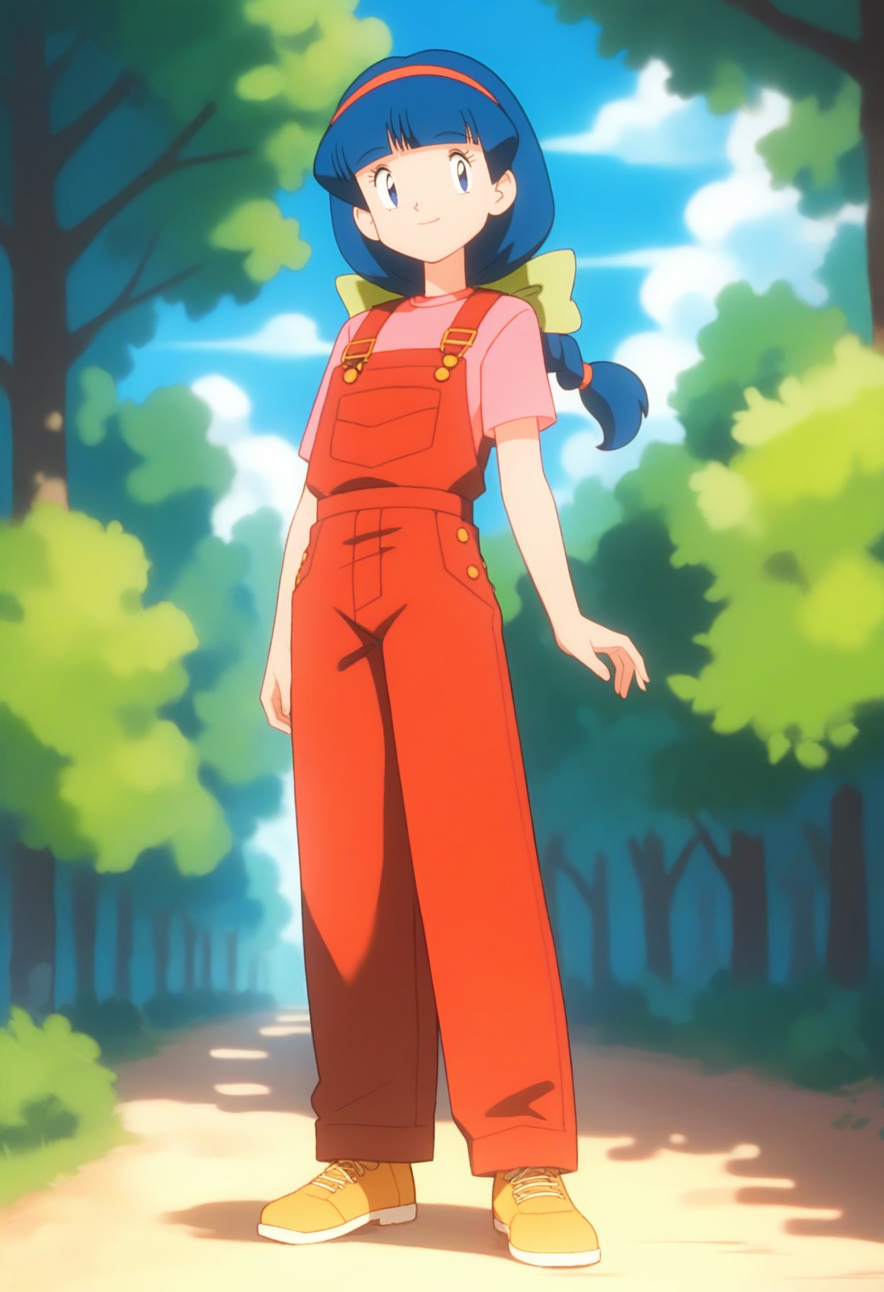 score_9, score_8_up, score_7_up, score_6_up, <lora:PMMelanie:0.9>, PMMelanie, aged up, blue eyes, blue hair, braided ponytail, blunt bangs, red hairband, green bow,short sleeves, shirt, red overalls, pink shirt, yellow footwear,standing, looking at viewer, solo, smile, cowboy shot, full body, BREAK blue sky, nature, sunlight, day,