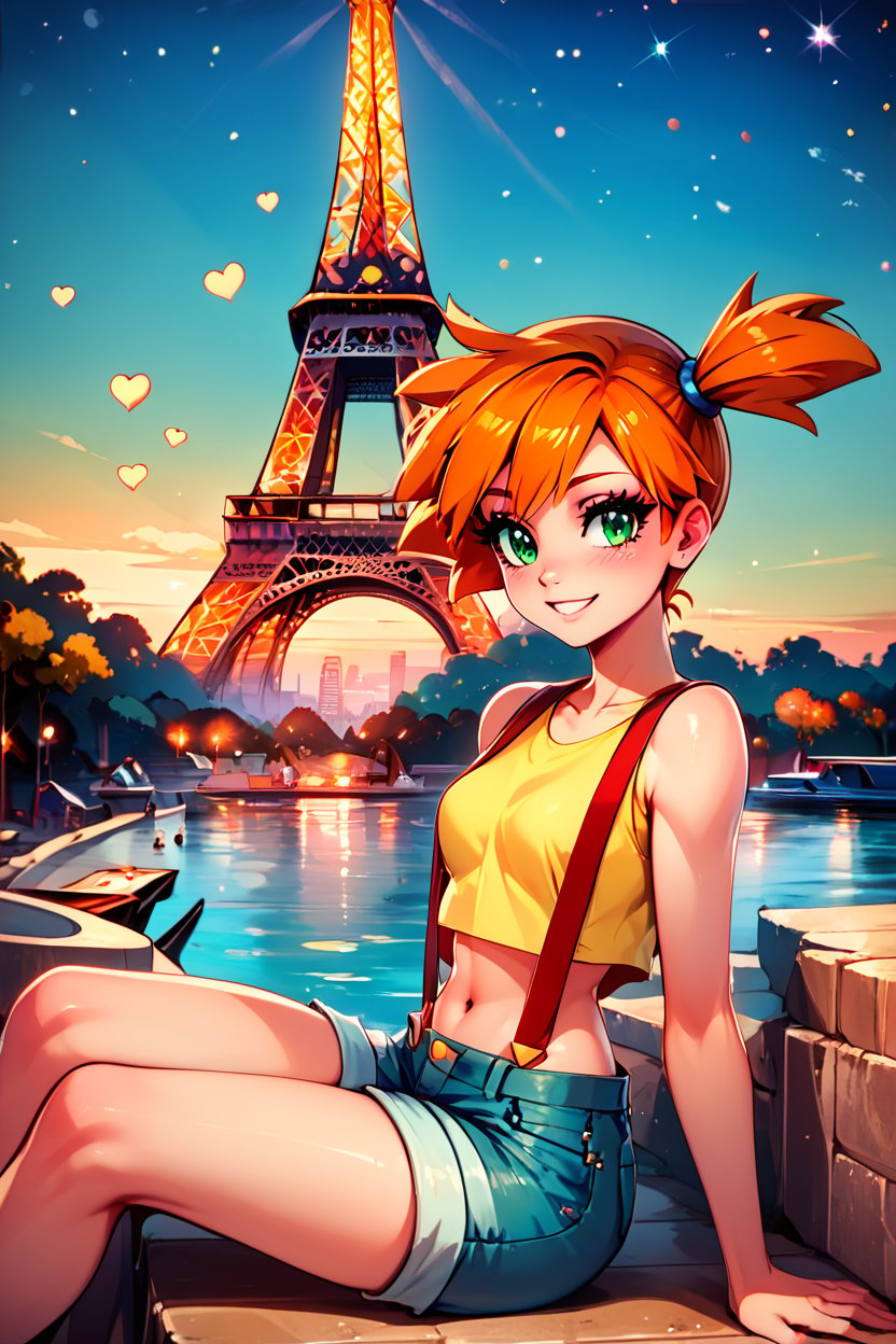 score_9, score_8_up, score_8, medium breasts, (curvy), cute, eyelashes,       BREAK, , zzMisty, green eyes, orange hair, short hair, side ponytail, shorts, suspenders, midriff, yellow crop top, navel, denim shorts, <lora:Misty_Pokemon_PDXL_v2:0.8>, , BREAK,  zzEiffelTower in background, sitting, watercraft, boat, sitting on wall, side view, looking at viewer, smile,  BREAK, blooming stars, luminescent petals, otherworldly fragrance blurry background, embedding:zPDXL, Expressiveh, <lora:EiffelTowerPDXL:1.0>,  <lora:CatalystStylePDXL:0.6>,  <lora:SDXLFaeTastic2400:0.5>,  <lora:Expressive_H-000001:0.4>,