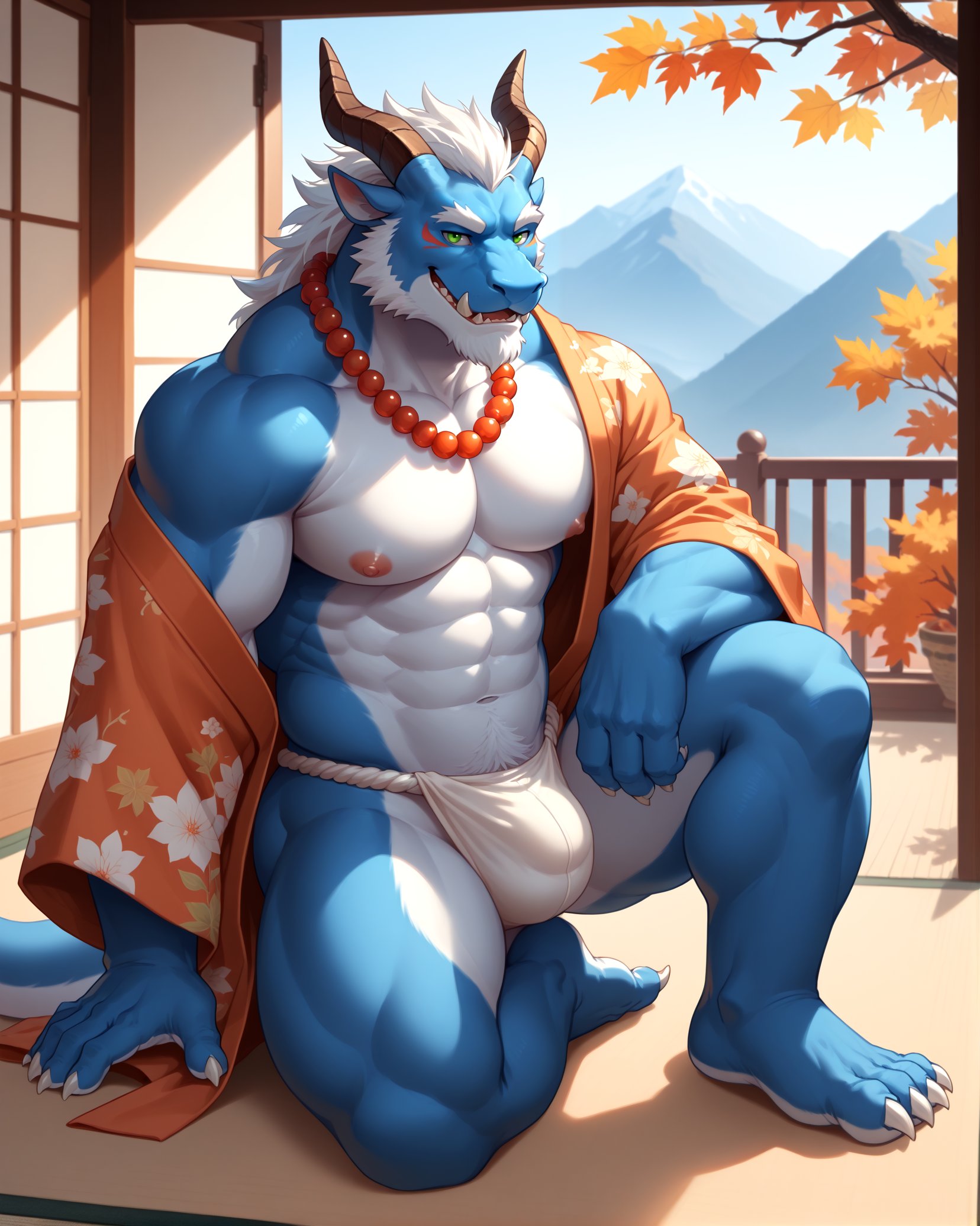 score_9,score_8_up,score_7_up,score_6_up,furry,kemono,high quality,tail,rating_explicit,embedding:zPDXL3 BREAK male furry,(bara),huge plump Chest Muscles,perfect anatomy,(half naked,white Fundoshi,Show one shoulder),Tatami,Sitting on the ground,feet spread,Japanese style room,full body,jewelry,pattern gold and blue japanese clothes,large pectorals,smile,nipples,beard,mature male,furry male,facial hair,bare pectorals,white hair,furry,kimono,Buddha bead necklace,open red and blue and  gold Patterned kimono,tail,beads,dragon horns,stomach,monster boy,open clothes,abs,tusks,colored skin,(two color skin),navel,((crotch bulge)),(Landscape background,Scenery outside the open window door),(one leg on ground),white abs,(white  skin),(blue skin:0.7),Mountain,autumn,maple,(claw)