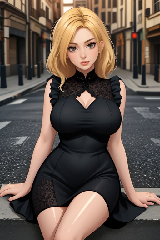 1 beautiful girl, (Detailed face:1.3), (Detailed hair:1.3), ((Long hair)), ((Blonde hair)), (Detailed eyes:1.3), Brown eyes, hdr, fantasy, covered breasts, perfect body, (Perfect big breasts:1.35), (mole near eye), posing in (nice short low-cut black dress:1.3), mini skirt, perfect hands, well-drawn fingers, perfect skin, (shiny skin:1.2), (high quality:1.3), masterpiece, breasts about to pop out of her blouse, sexy woman, looking at the viewer, sitting on a pavement, from a street<lora:anna hathaway-05:0.9><lora:pytorch_lora_weights:1>