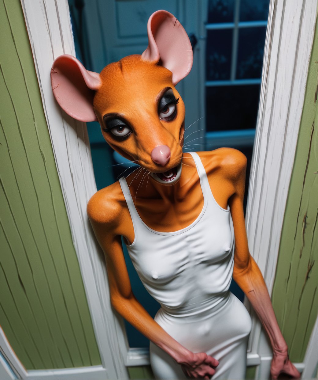 <lora:anorexitionXL-v7:1.1>, (anorexic, anorexia:1.3), Rat, shy, anthro, female, orange fur, makeup, presenting, looking at viewer, high-angle view, open mouth, tight dress, [tired eyes], [blush], inside house, night, in corner, in the dark, [small waist], slums, realistic, detailed, detailed background, nipple outline, pussy outline, submissive, begging, aroused, ribs, score_9, score_8_up, score_7_up, score_6_up, score_5_up, score_4_up, best quality, hi res