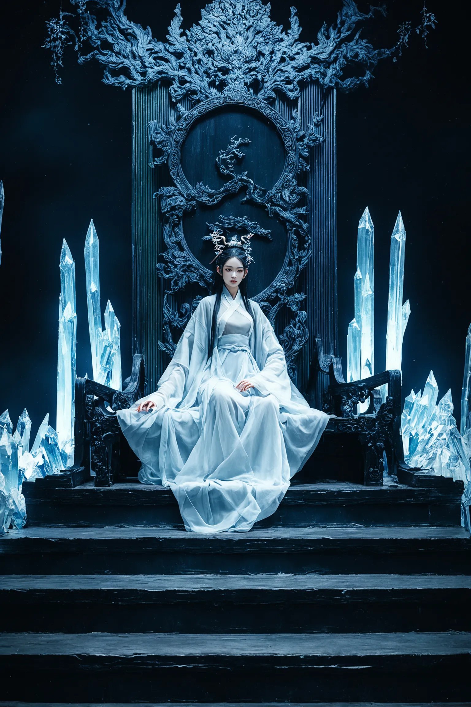 score_9,score_8_up,score_7_up,score_6_up,score_5_up,hanfu,wide sleeves,long sleeves,sleeves past fingers,see-through,hair stick,hair ornament,gufenghuanjing,indoors,1girl,long hair,solo,sitting,(crystal throne:1.2),ice throne,stairs,fantasy,china traditional palace,dated,(dark theme:1.3),(dark:1.6),wide_shot,