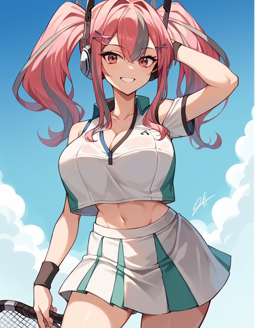 score_9, score_8_up, score_7_up, source_anime, <lora:azur-lane-bremerton-ponyxl-lora-nochekaiser:1>, bremerton, bremerton (azur lane), large breasts, long hair, pink hair, pink eyes, twintails, hair intakes, streaked hair, grey hair, hair between eyes, sidelocks, hair ornament, hair clip, cleavage, crop top, crop top overhang, midriff, sportswear, tennis uniform, skirt, pleated skirt, bare shoulders, music store, browsing records, headphones, vinyl collection, nostalgic, smile, , hand behind head, , solo,, cowboy shot, dutch angle,