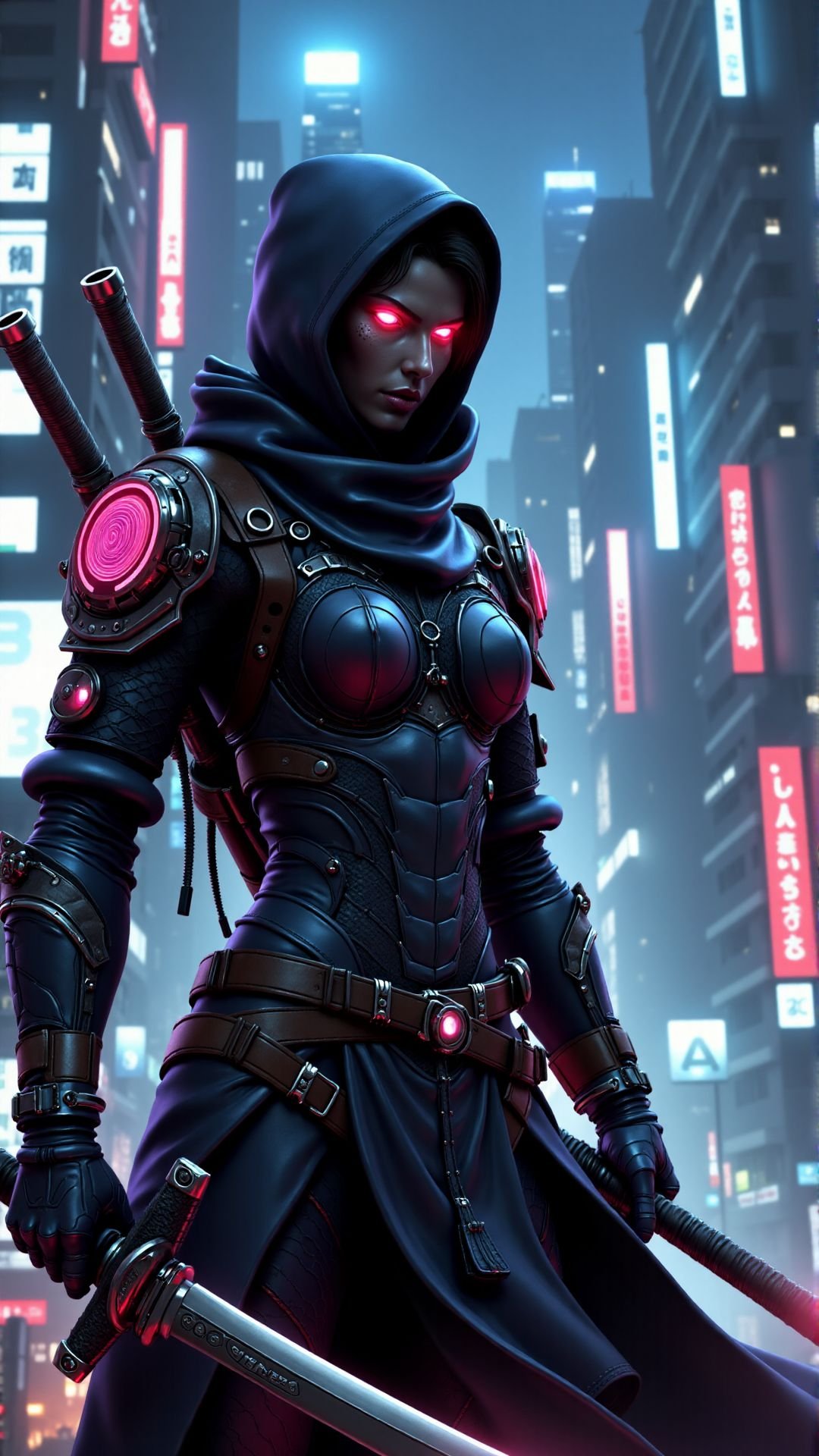 A cyborg ninja wielding a laser katana, neon-lit cityscape, futuristic armor, holographic HUD ,<lora:aidmaDarkFantasy:0.81><lora:aidmaDarkFantasy-FLUX-rapid-V0.1:0.51> aidmaDarkfantasy , character, scene, 