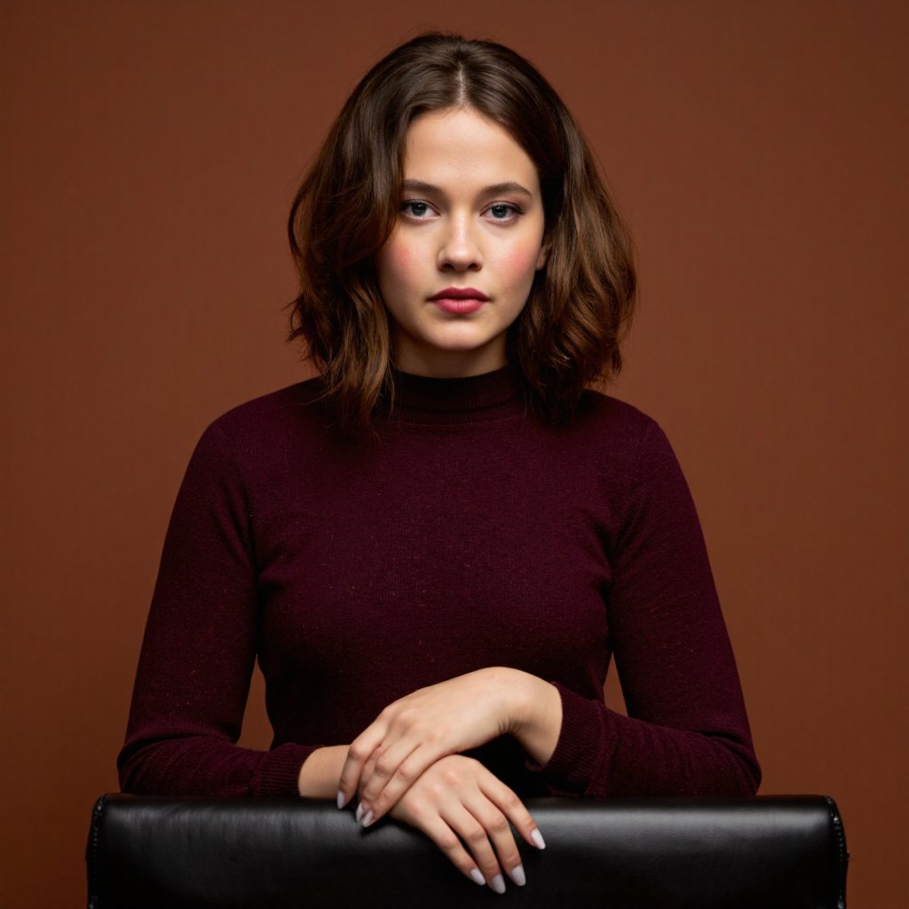 A portrait of cailee_spaeny with long, wavy, curly brown hair, wearing a burgundy, textured sweater. She sits on a black leather chair with her arms resting on the backrest. The background is a warm, earthy brown, contrasting with the woman's vibrant red sweater. The woman's makeup is subtle, emphasizing her eyes and lips, and her nails are painted a dark shade with a glossy finish. The image conveys a serene and contemplative mood with a touch of elegance.