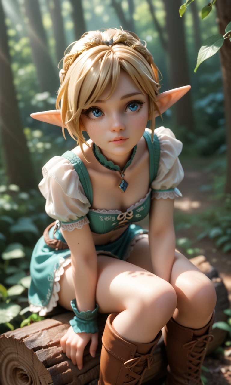 score_9, score_8_up, score_7_up, score_6_up, score_5_up, score_4_up, BREAK, 1girl, solo, elf girl, elf ears, pixie, sitting on log, forest, blue eyes,from above,looking up,ground,blonde hair,(dappled sunlight)1.2,blurry,depth of field, boots,leaf