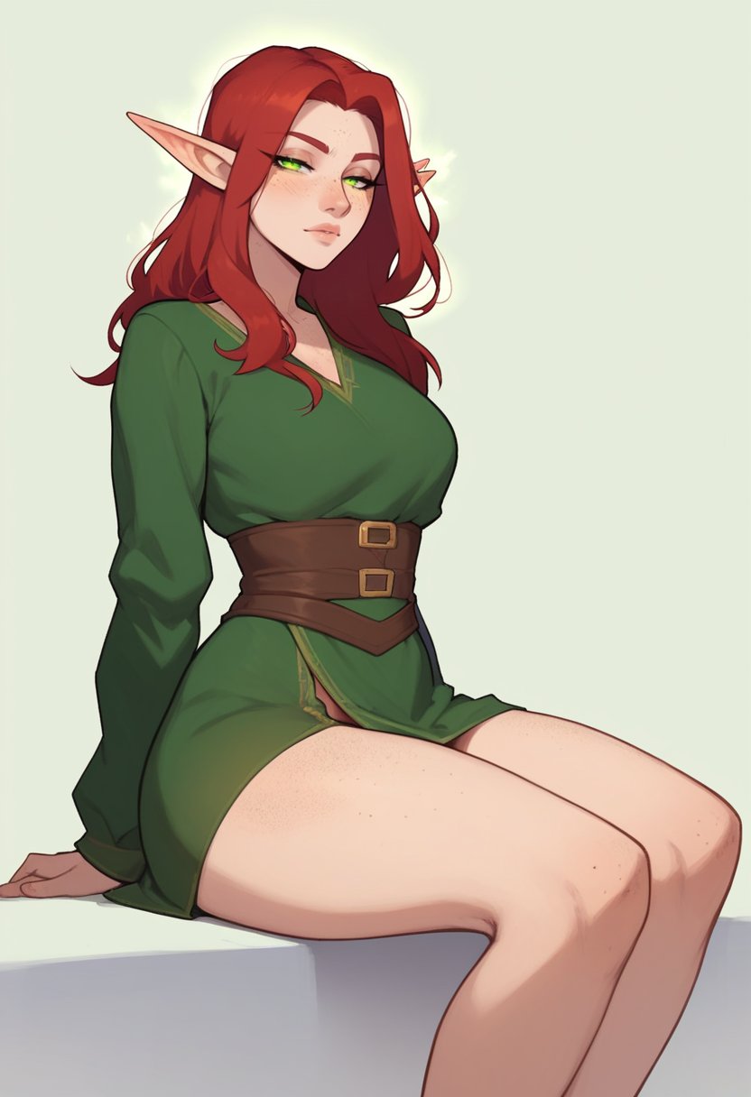 score_8_up, woman, freckles, long red hair, elf, glowing hair, thighs, green eyes, looking at viewer, half-closed eyes, sitting, simple background