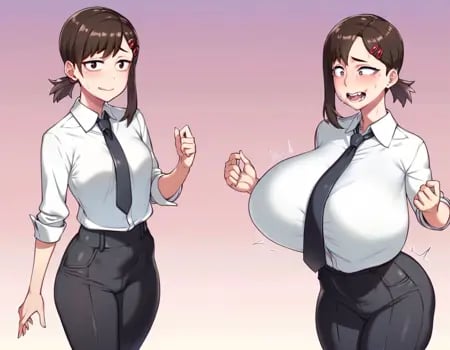 score_9, score_8_up, score_7_up, score_6_up, score_5_up,1girl,higashiyama kobeni,(breast expansion:1.2),multiple views, huge breasts,formal, necktie,black pants,  <lora:Breast_expansion:1>, (SSP:1.1), white shirt, 