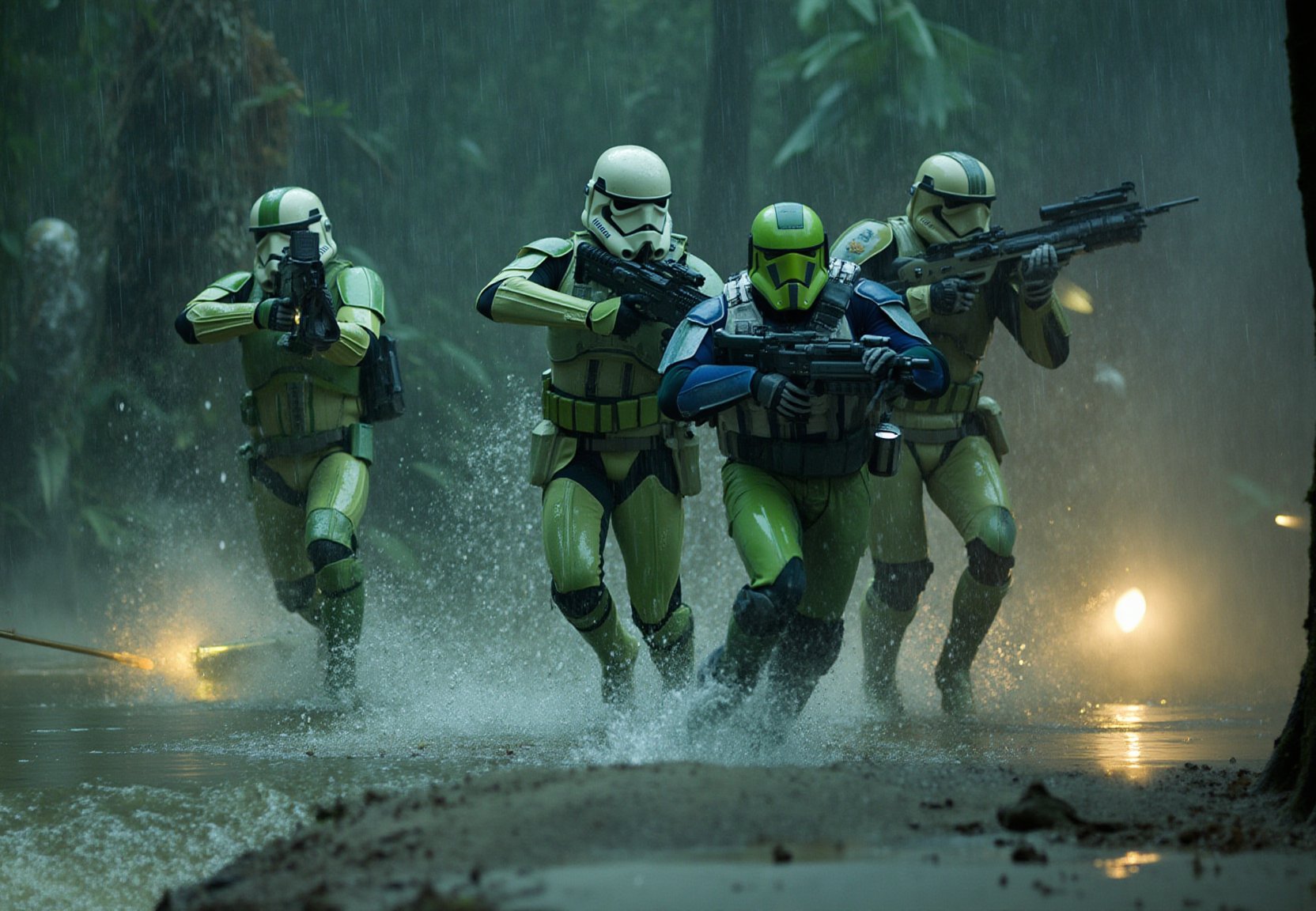 StormTrooperFlux, The image depicts a group of stormtroopers in green hazel dust mood paint uniforms engaged in combat. They are running through the jungle, with energy shields. The soldiers are equipped with (blasters) and are in the midst of a firefight. The scene is set in a raining environment, and the soldiers are standing on a water surface. 8k uhd, raw, dlsr, hdr, cinematic, under machiegun fire,