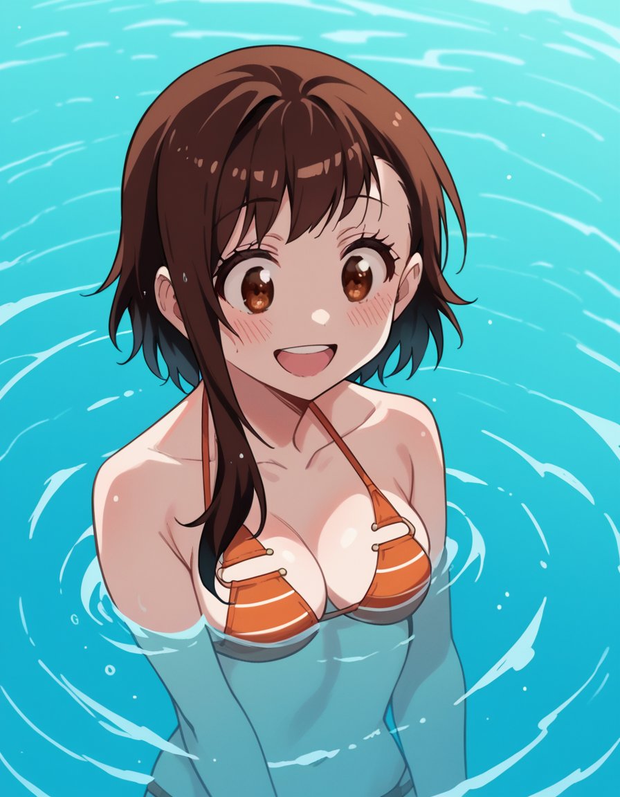 score_9, score_8_up, score_7_up, source_anime, <lora:kosaki-onodera-s2-ponyxl-lora-nochekaiser:1>, kosaki onodera, short hair, bangs, brown hair, brown eyes, short hair with long locks, asymmetrical hair, medium breasts,, <lora:florida-bikini-ponyxl-lora-nochekaiser:1>, florida bikini, bikini, swimsuit,, ocean, submerged, water, blush, smile, open mouth,, , cowboy shot, dutch angle