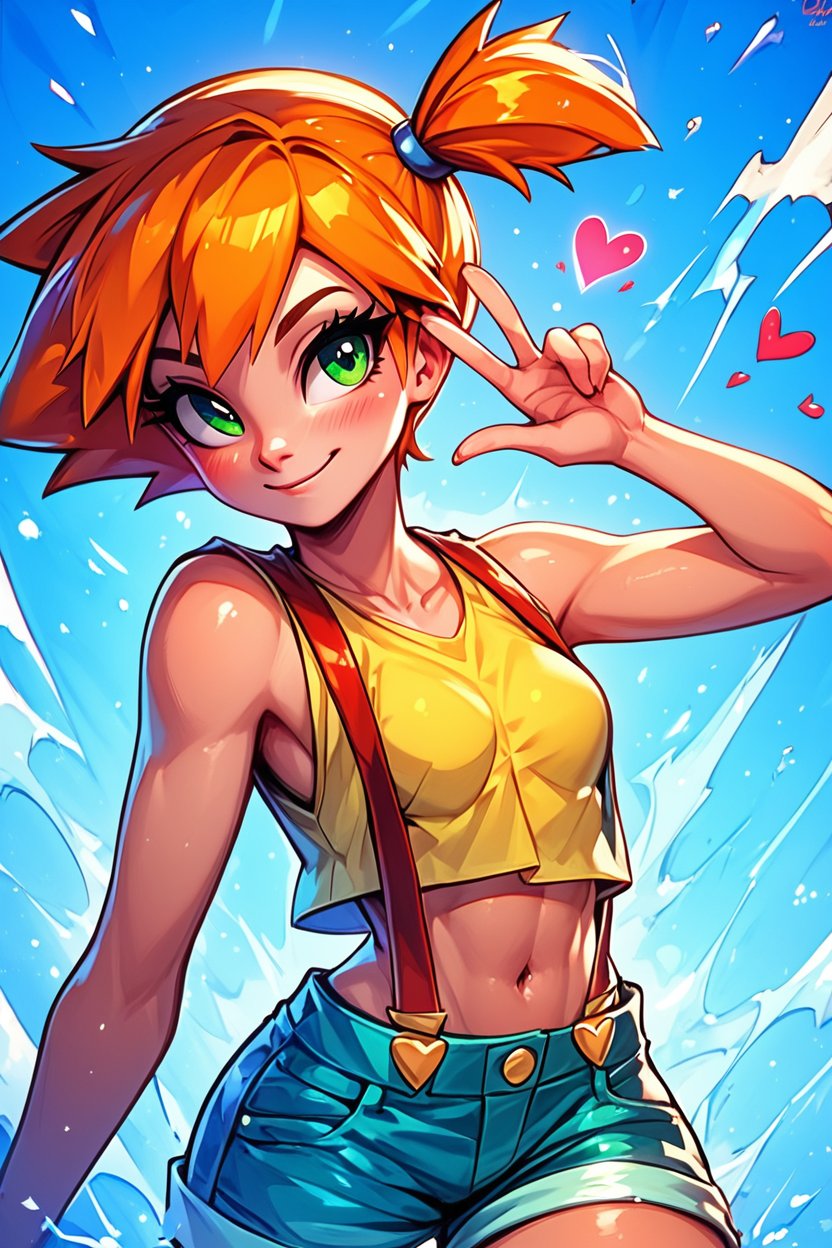 score_9, score_8_up, score_8, medium breasts, (curvy), cute, eyelashes,       BREAK, , zzMisty, green eyes, orange hair, short hair, side ponytail, shorts, suspenders, midriff, yellow crop top, navel, denim shorts, <lora:Misty_Pokemon_PDXL_v2:0.8>, , BREAK, embedding:zPDXL, Expressiveh, <lora:EnergyCAT:1.0>, solo, smile, looking at viewer, aura, blue sky, <lora:SDXLFaeTastic2400:0.5>, <lora:Expressive_H-000001:0.4>,