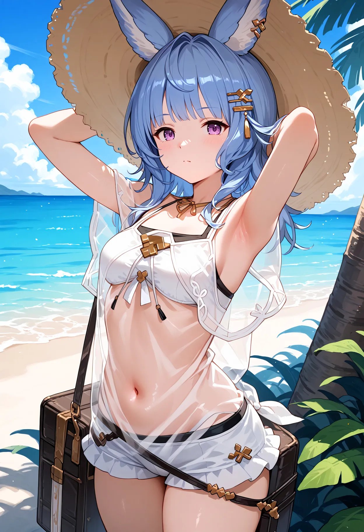 score_9, score_8_up, score_7_up, BREAK, best quality, masterpiece, very aesthetic, ultra detailed,very detailed background,BREAK,zPDXL3,tikoh_summer, blue hair, long hair, bangs, animal ears, purple eyes, hair ornament, hat, navel, bare shoulders, jewelry, white bikini, sun hat, see-through <lora:Tikoh-ponyXL:1>