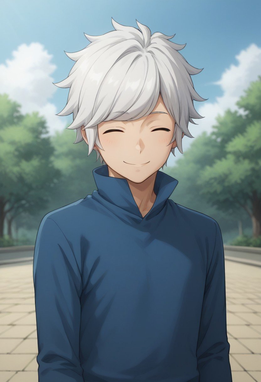 score_9, score_8_up, score_7_up, source_anime, highly detailed, belcranel,  1boy, male focus, solo, white hair, closed eyes, shirt, blue shirt, high collar, upper body, smile, outdoor,