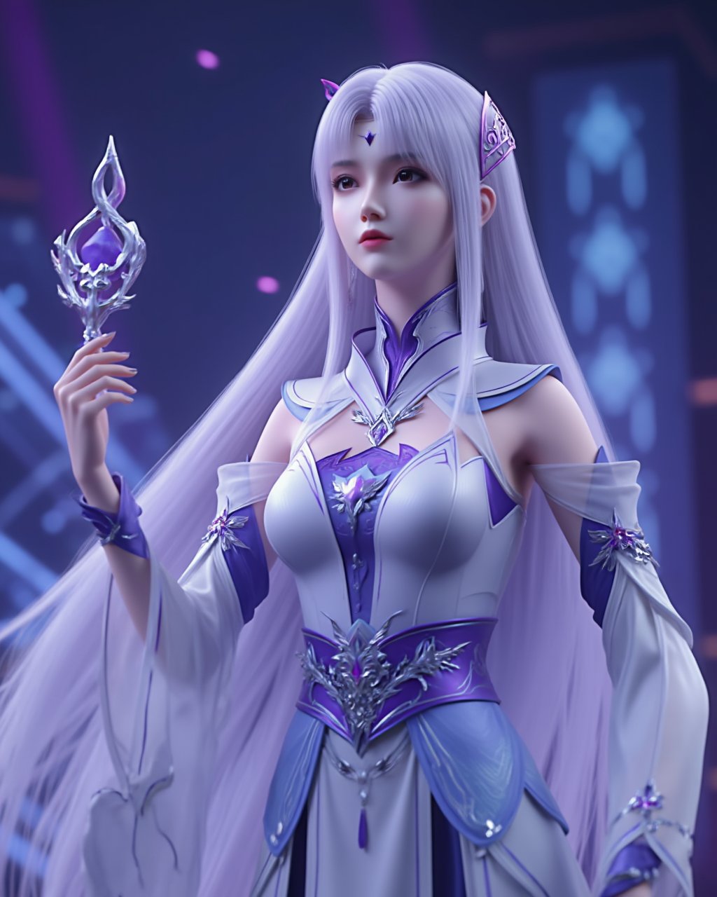 1girl,white hair,Fairy Taiwanese girl, very long silver-blue hair, looking down from the stage, futuristic, classical Tang suit, heroic momentum, shiny, delicate frame, angelic appearance, perfect figure, purple-blue light, low angle, (holding delicate fan in right hand, looking high ahead: 1.2) looking up pose, hkwarrior, surreal and detailed<lora:小医仙1.0:0.8>