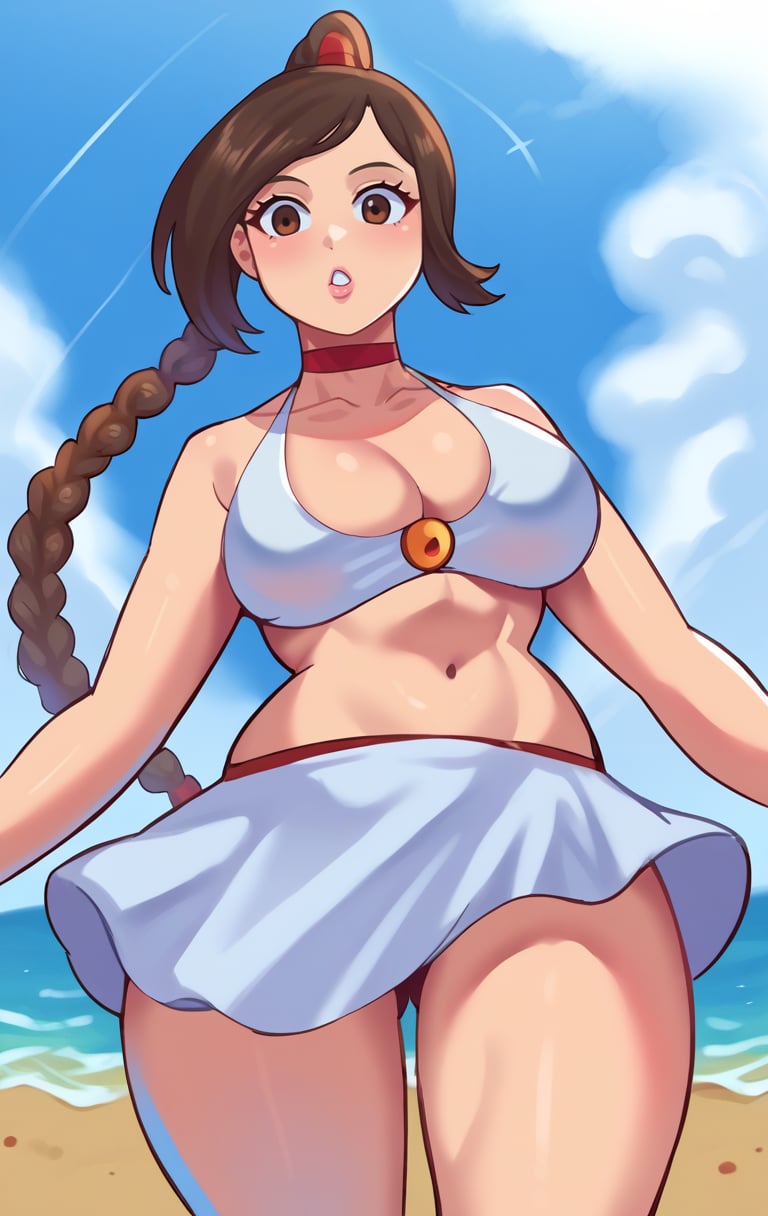 score_9,score_8_up,score_7_up pastel colors,highres BREAK <lora:tylee:1>,TyleeSDXL,1girl,solo,white skirt,large breasts,brown hair,navel,cleavage,brown eyes,swimsuit,ponytail,bikini,choker,midriff,braided ponytail,single braid,very long hair,braid,beach,cowboy shot,from below,